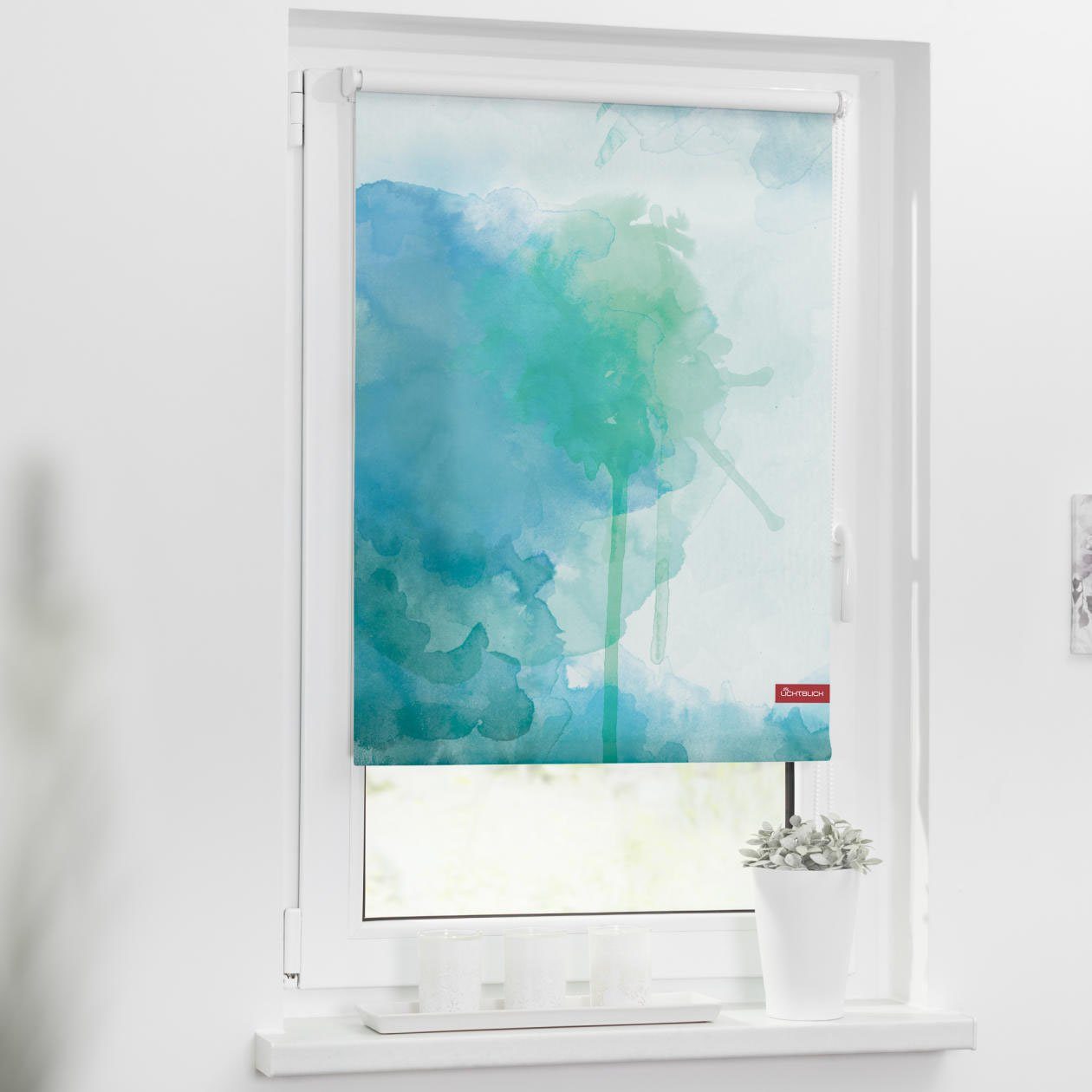 Seitenzugrollo Rollo Klemmfix, ohne Bohren, Verdunkelung, Aquarell - Blau Grün, LICHTBLICK ORIGINAL, verdunkelnd, freihängend, Klemmfix