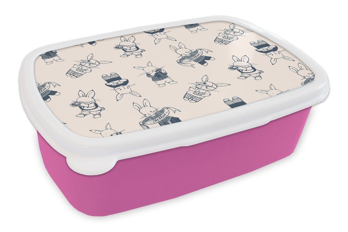 MuchoWow Lunchbox Kaninchen - Vintage - Schnittmuster, Kunststoff, (2-tlg), Brotbox für Erwachsene, Brotdose Kinder, Snackbox, Mädchen, Kunststoff rosa