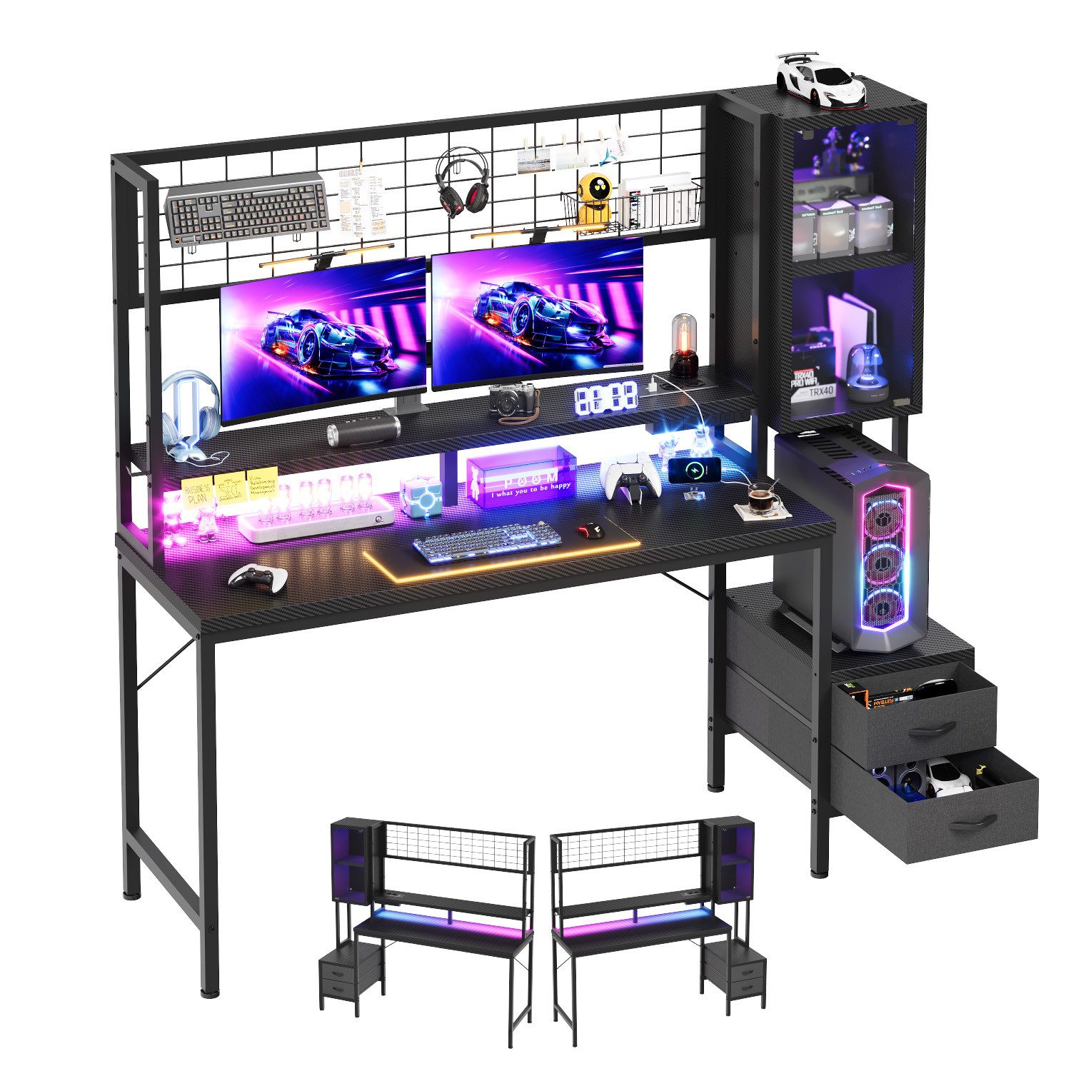 HOMALL Gamingtisch Gaming Schreibtisch mit USB-Steckdose & RGB LED (mit Monitorständer & Vitrine, mit 2 Schubladen, Ergonomischer Computertisch mit Stromleiste, 120/140cm Schreibtisch für Gaming & Homeoffice, Schwarz)