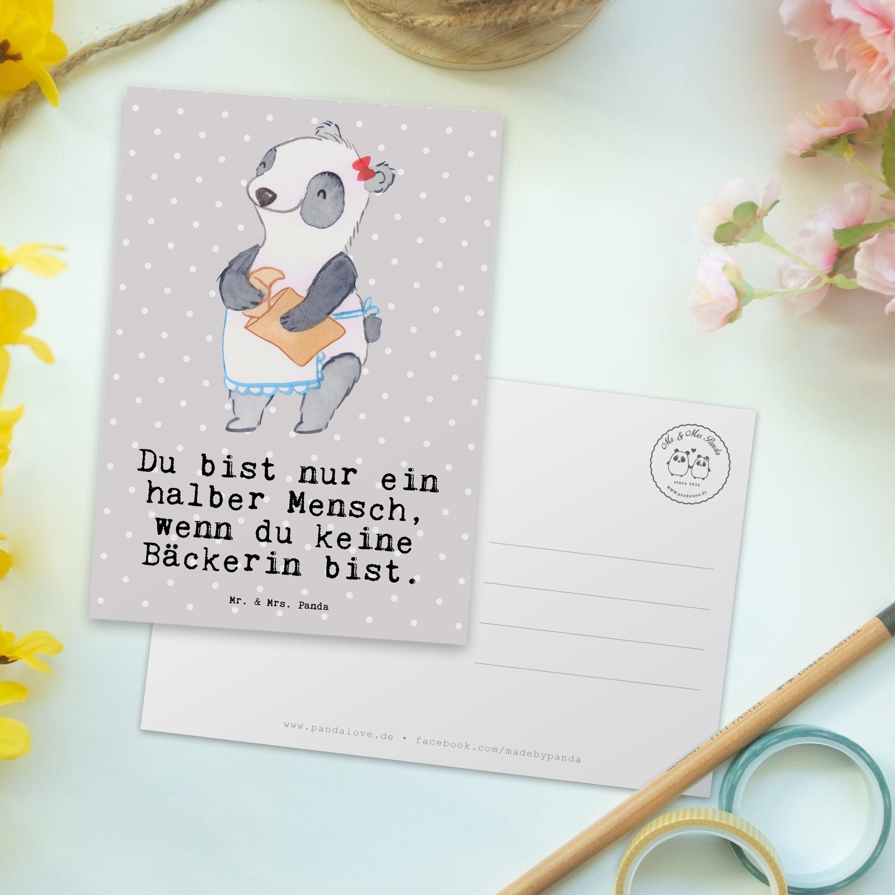 & Grau mit Pastell - Bäckerin Einladung, Mr. Panda Mrs. - Backstube, Da Geschenk, Postkarte Herz