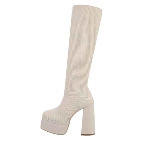 Ital-Design Damen Schlupfschuhe Party & Clubwear Plateaustiefel Blockabsatz High-Heel Stiefel in Beige