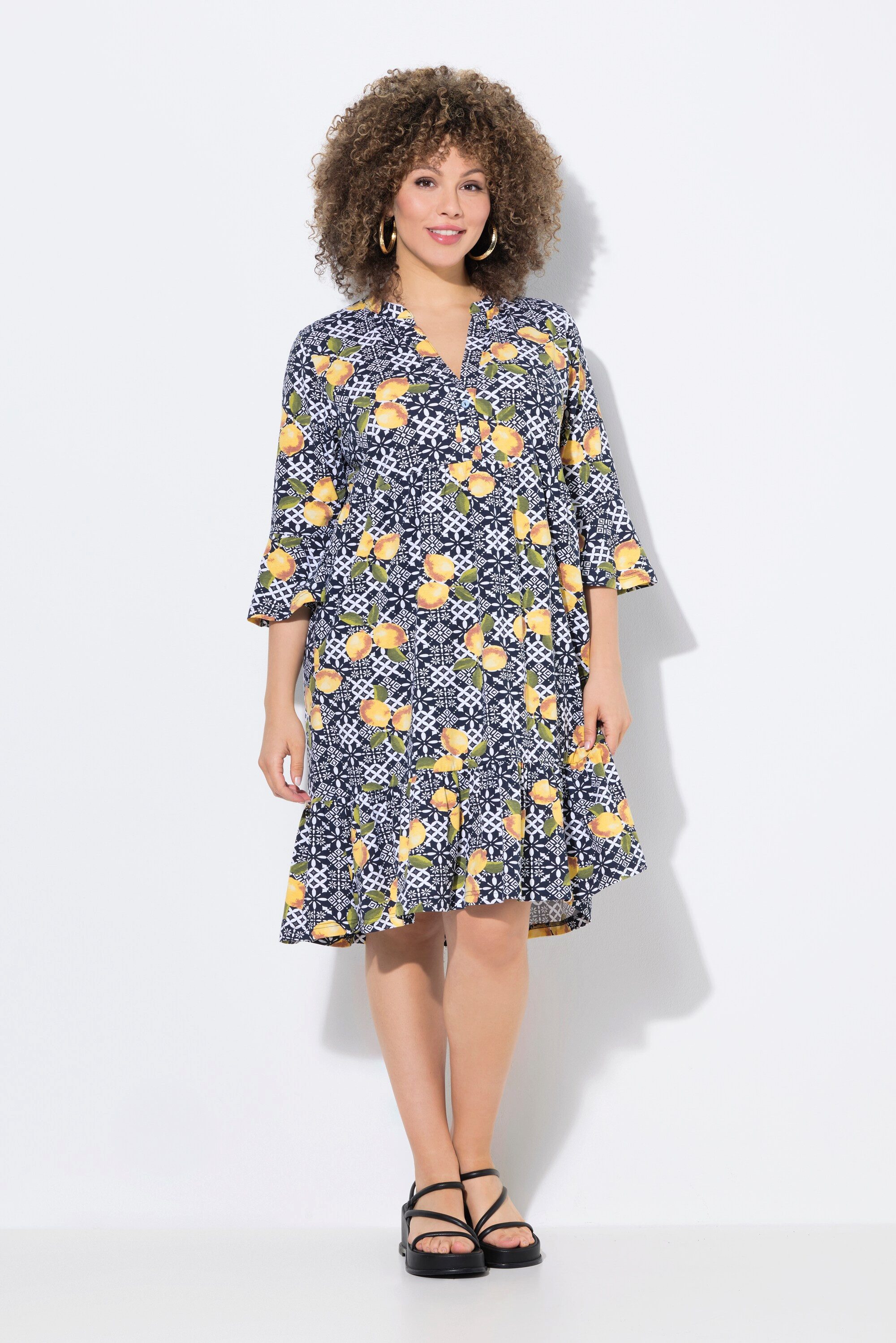 Ulla Popken Jerseykleid Jerseykleid A-Linie Tunika-Ausschnitt 3/4-Arm günstig online kaufen