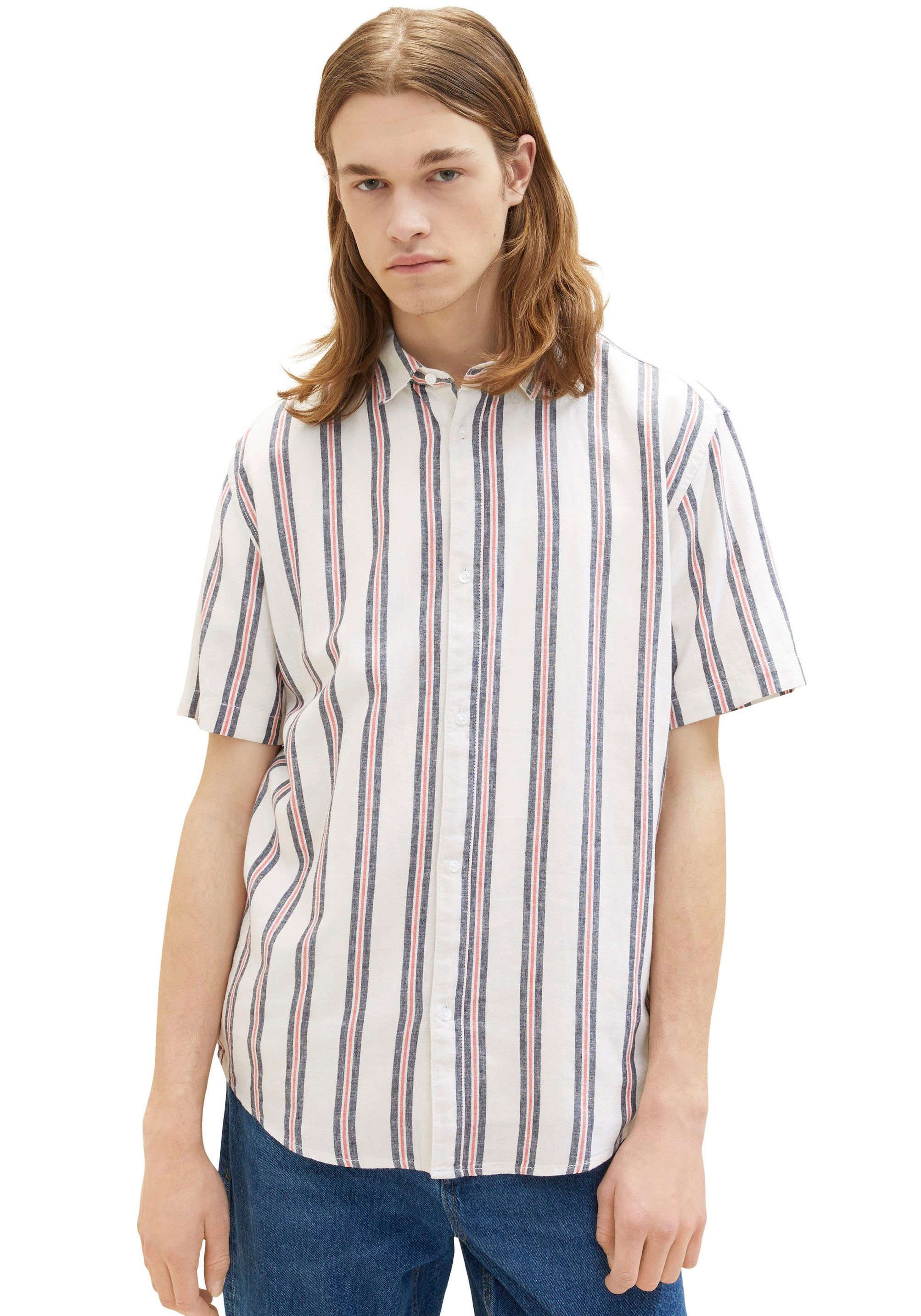 TOM TAILOR Denim Streifenhemd mit kurzen Ärmeln weiß blau | Hemden