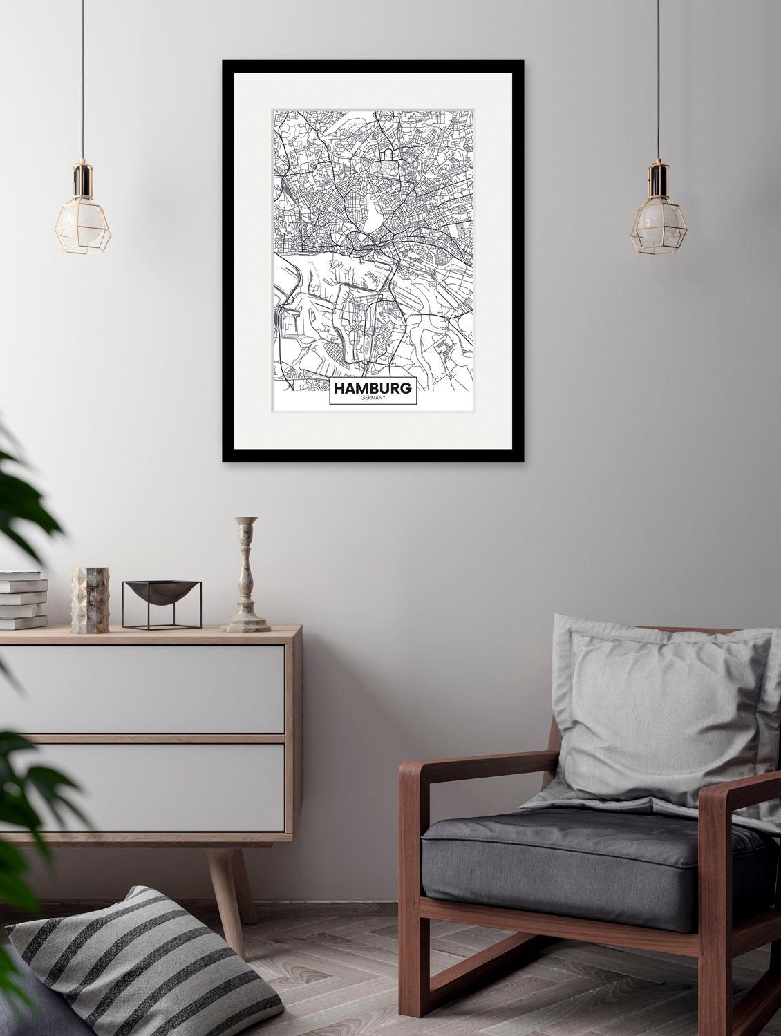 queence Bild Hamburg Stadtkarte, Deutschland, Gebäude, Hamburg, Schriftzug, Stadt, Städte (1 St), HD Premium Poster-Druck inkl. Holzrahmen