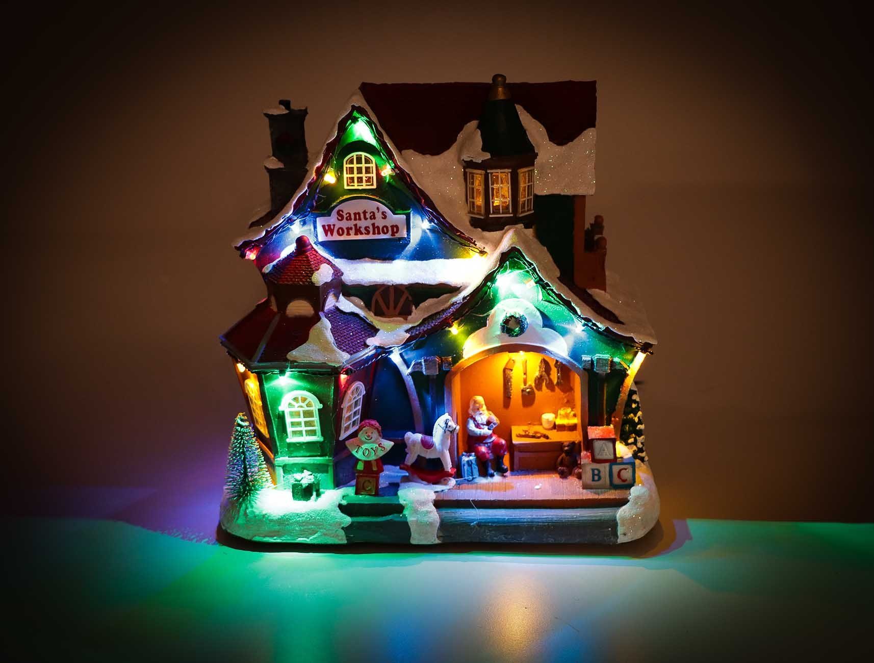 LuVille Weihnachtsdorf Weihnachtsszene, Weihnachtsmann Werkstatt mit Beleuchtung und Musik