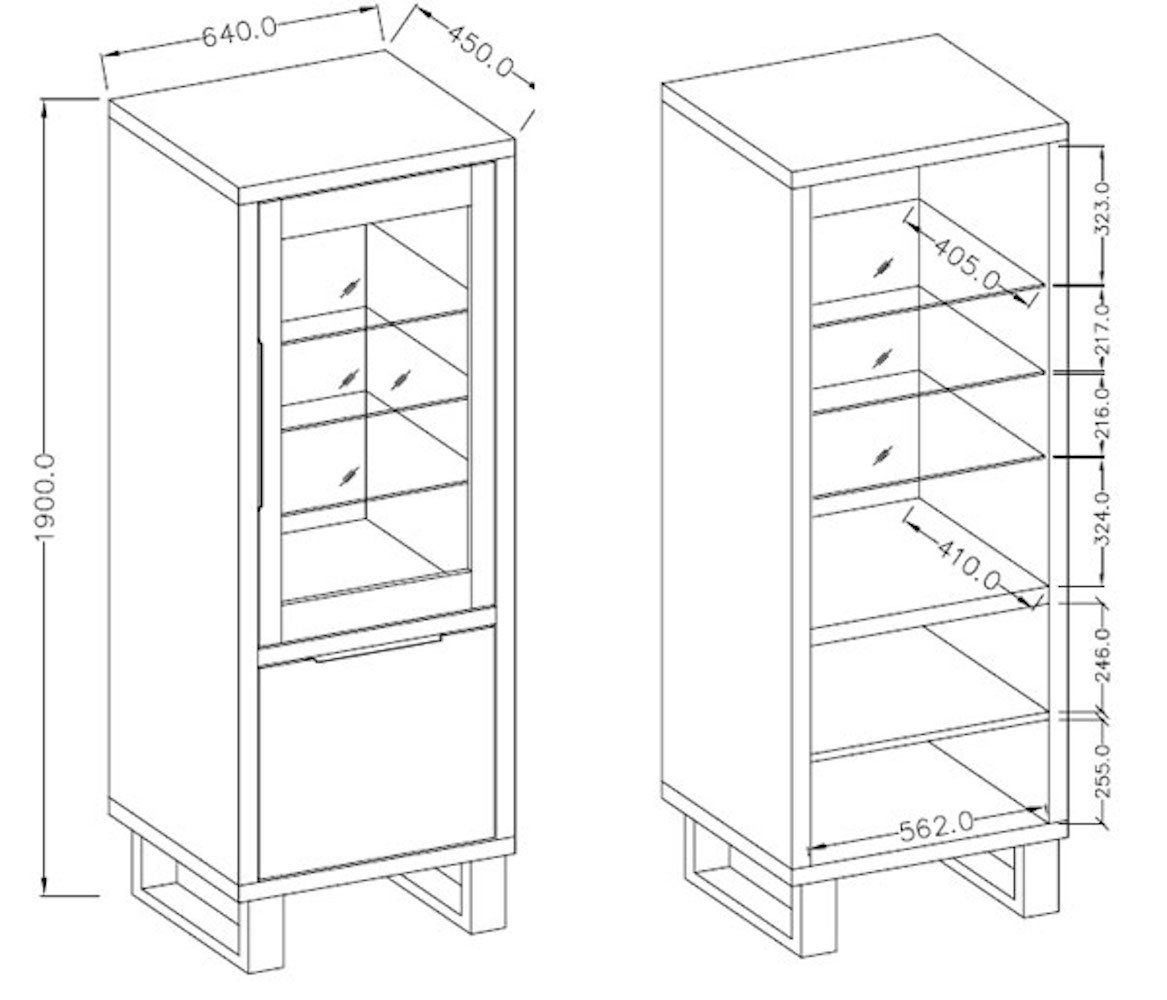 1-St., Vitrine 1-teilig) 2 (Halle, mit Türen Halle eiche Helvetia 64cm wotan