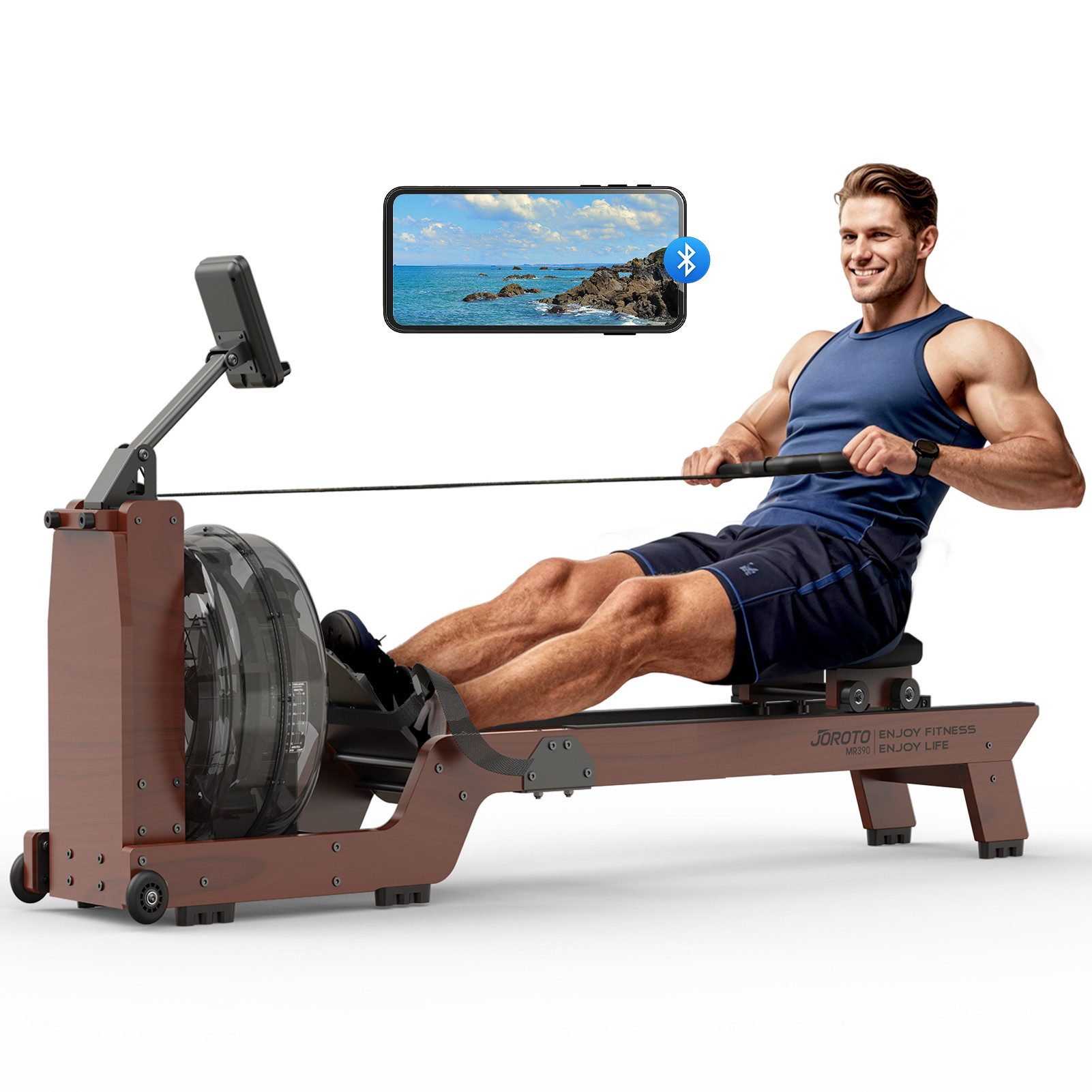 JOROTO Rudergerät für Zuhause Wasserrudergerät aus Holz, mit Bluetooth-Monitor, 150kg Belastbarkeit