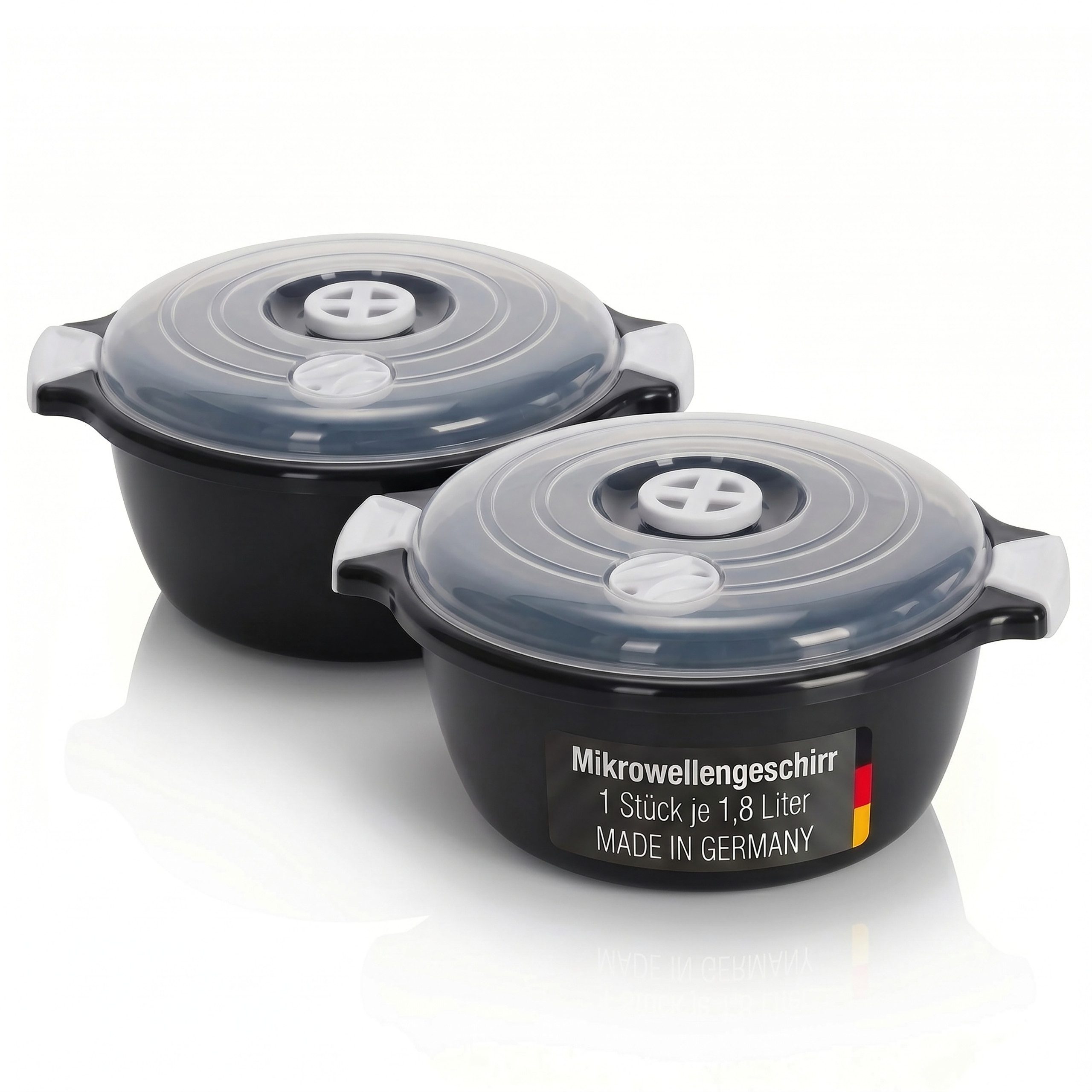 Lantelme Mikrowellenbehälter 2 Stück Mikrowellenschüssel 1,8 Liter Schwarz, (2-tlg., 2 Stück Set Mikrowellenschüssel Volumen 1,8 Liter Volumen), mit Deckel und Dampfventil, Deutsche Herstellung