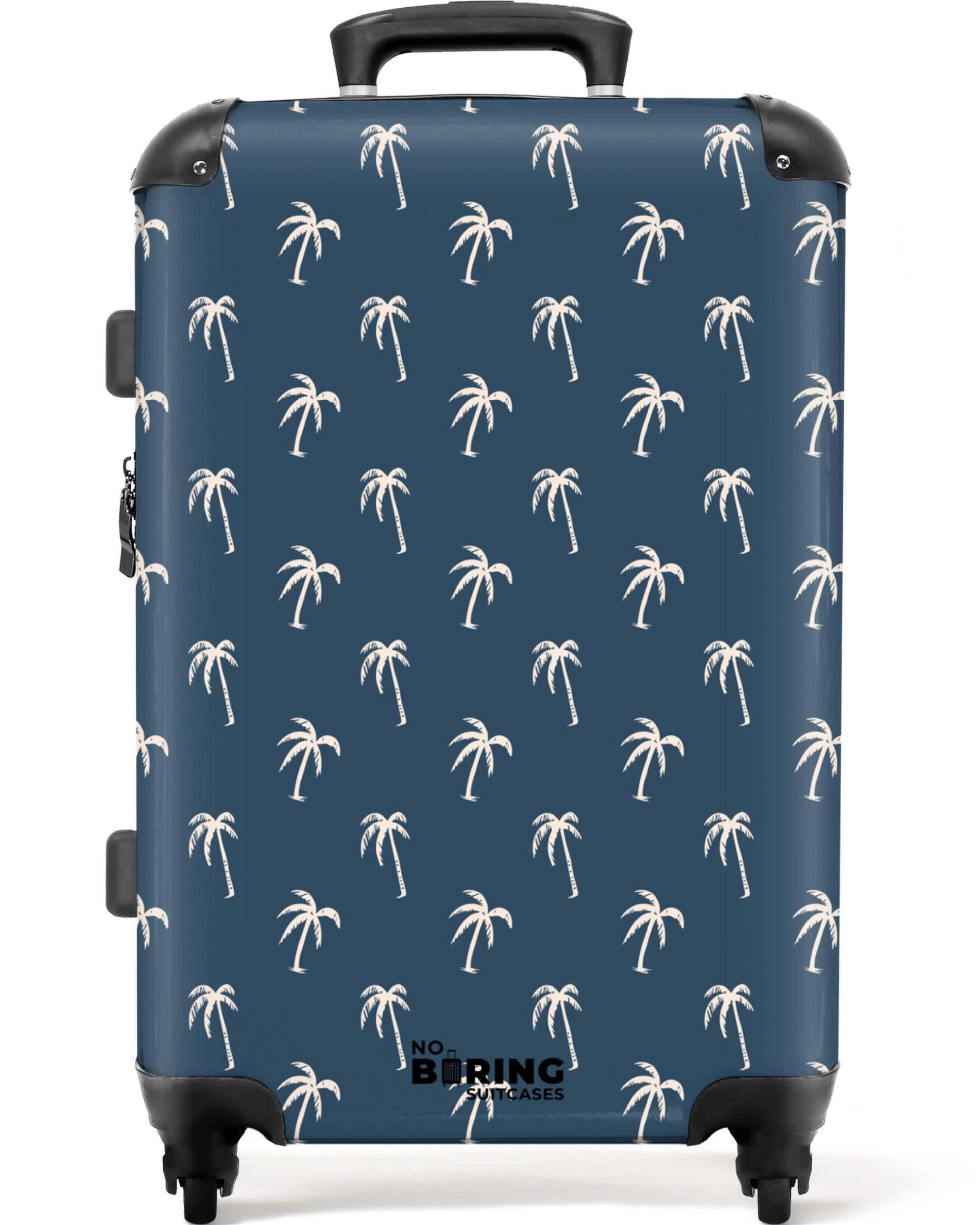 NoBoringSuitcases.com© Hartschalen-Trolley Blau mit beigem Palmenaufdruck günstig online kaufen