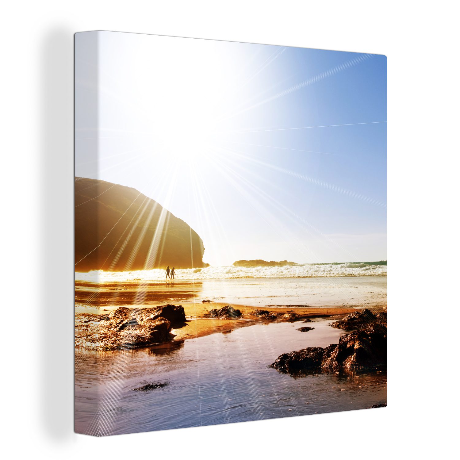 OneMillionCanvasses® Leinwandbild Die Sonne scheint hell auf zwei Kinder an der Küste Cornwalls, (1 St), Leinwand Bilder für Wohnzimmer Schlafzimmer
