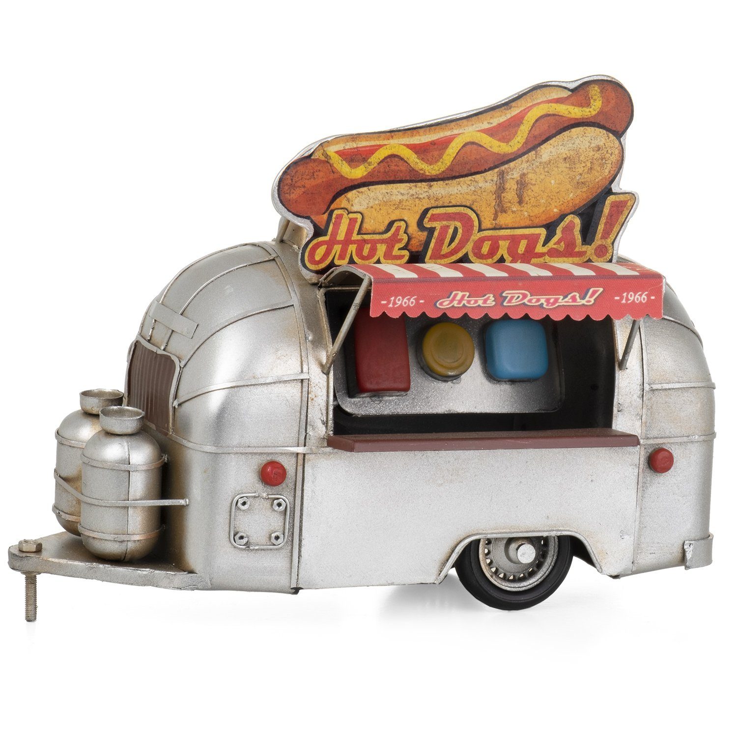 Miniatur Nachbildung Stand Blech-Deko Blechmodell Hot-Dog Wohnwagen, Dekoobjekt Modell Retro Anhänger Antik-Stil Nostalgie Moritz