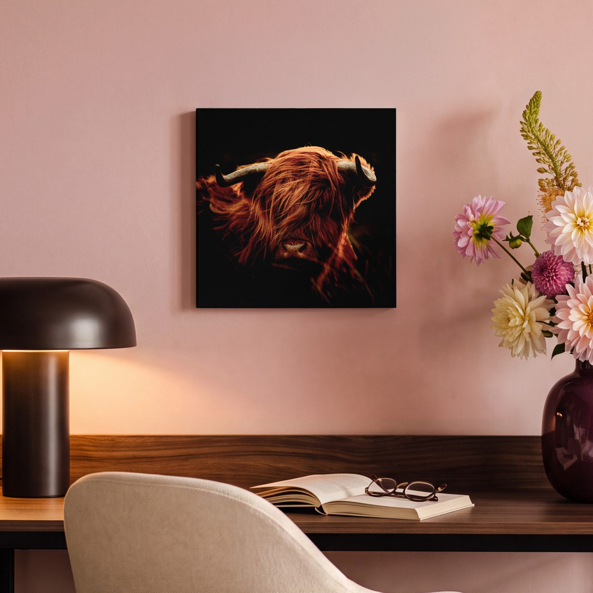 OneMillionCanvasses® Leinwandbild Schottischer Highlander - Kuh - Hörner - Porträt - Tiere, Fotodruck (1 St), Wandbild, Deko Schlafzimmer Wohnzimmer Flur 20x20  – Bild 4 von 5