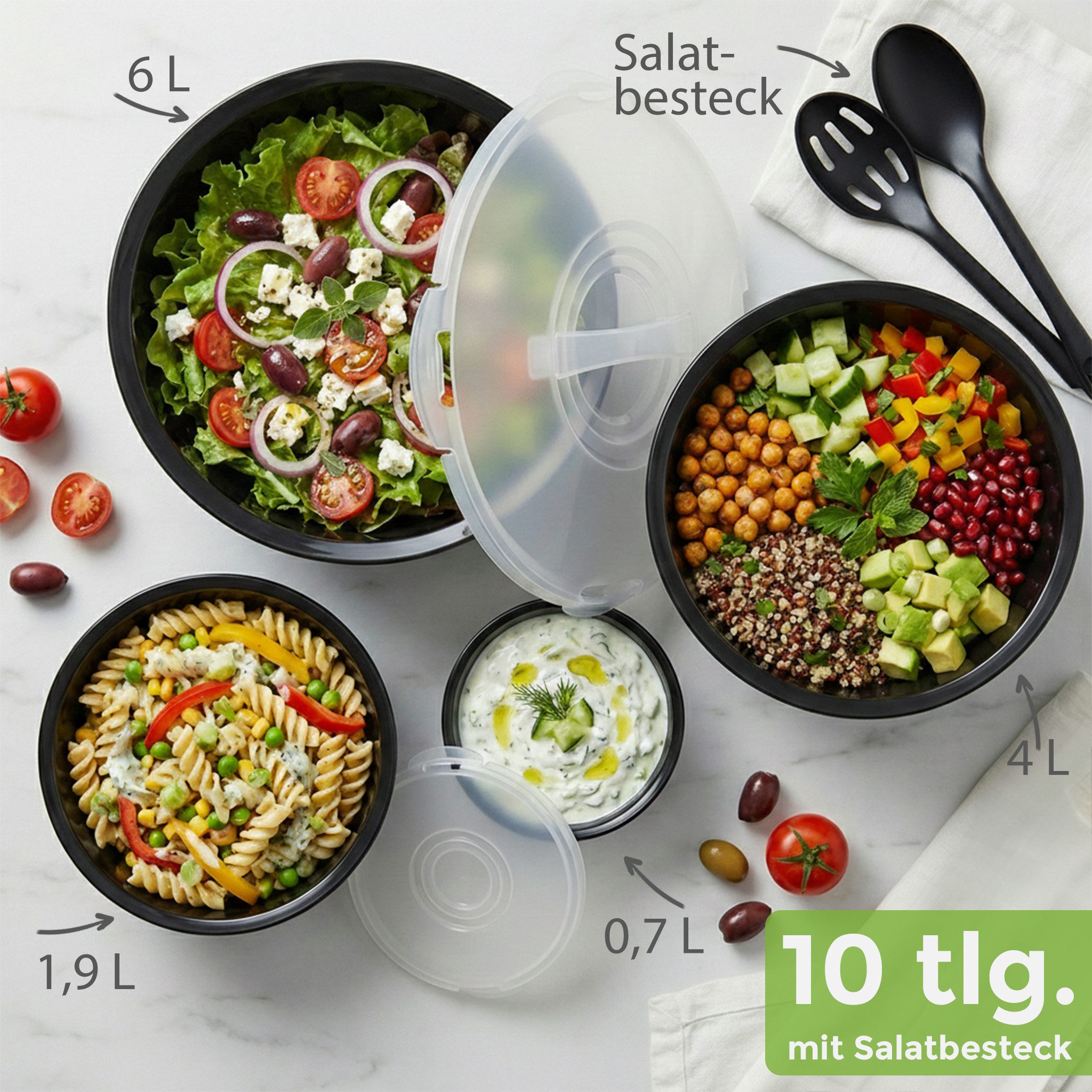 Hausfelder Salatschüssel Schüssel Set + Salatbesteck 10-tlg, Kunststoff, (Set, 10-tlg), Schüsseln 1x6 L, 1x3,6 L, 1x1,9 L, 1x0,7 L + Salatbesteck