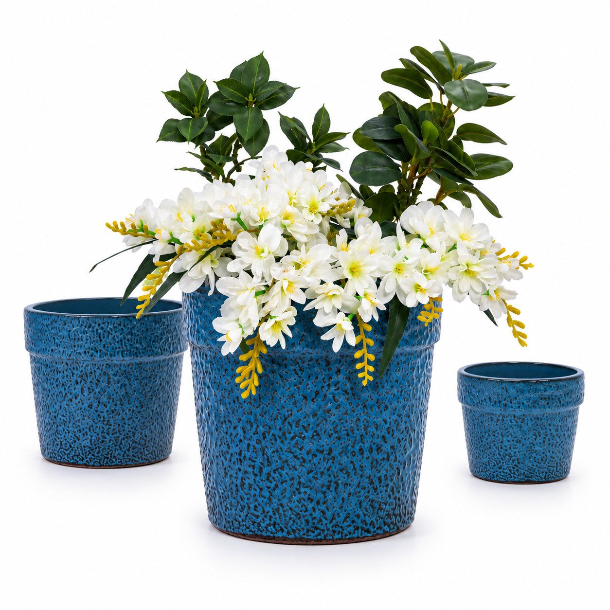 Blossom Blumentopf Übertopf 3er Set Keramik Pflanztöpfe Blumentöpfe Ø 38/30,5/22,9 cm (3 St), handgefertigt, Antikblau mit strukturierter Glasur, für Innen & Außen