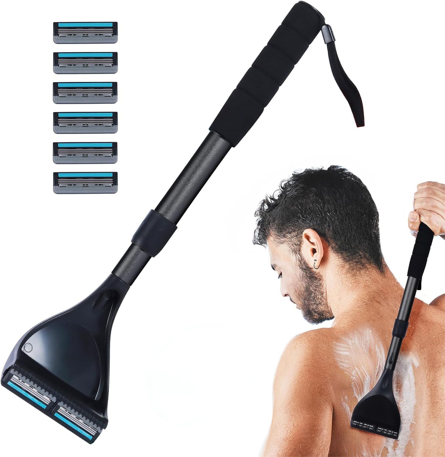 Fyrove Haarschneider Rückenrasierer Für Männer, Ergonomisch, 6 Klingenreihen, Langem Griff, Verstellbarer Langgriff, Nass- und Trockenrasur, wasserfester