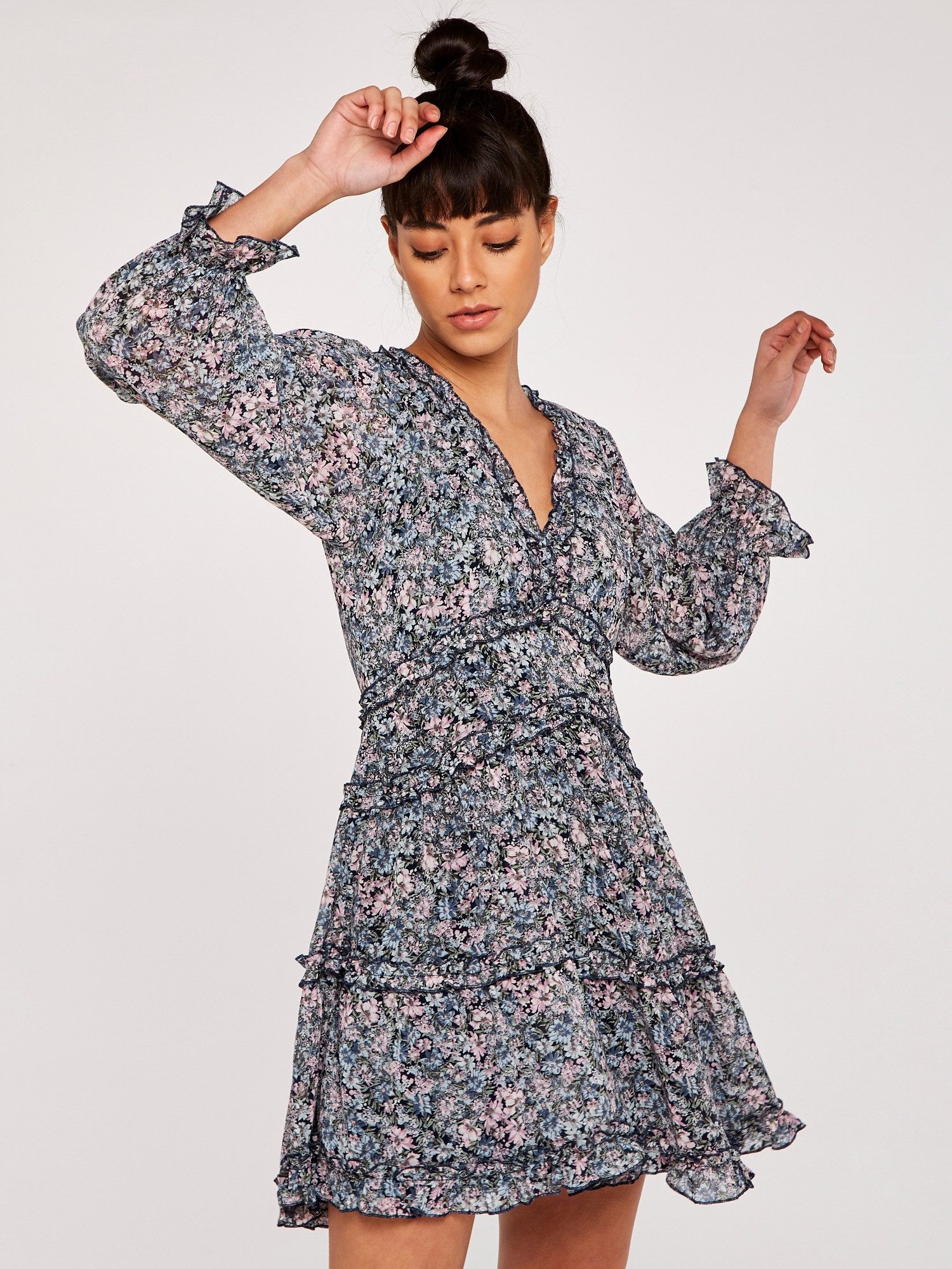 Apricot Druckkleid Blumenmuster-Kleid, mit Rüschendetails günstig online kaufen