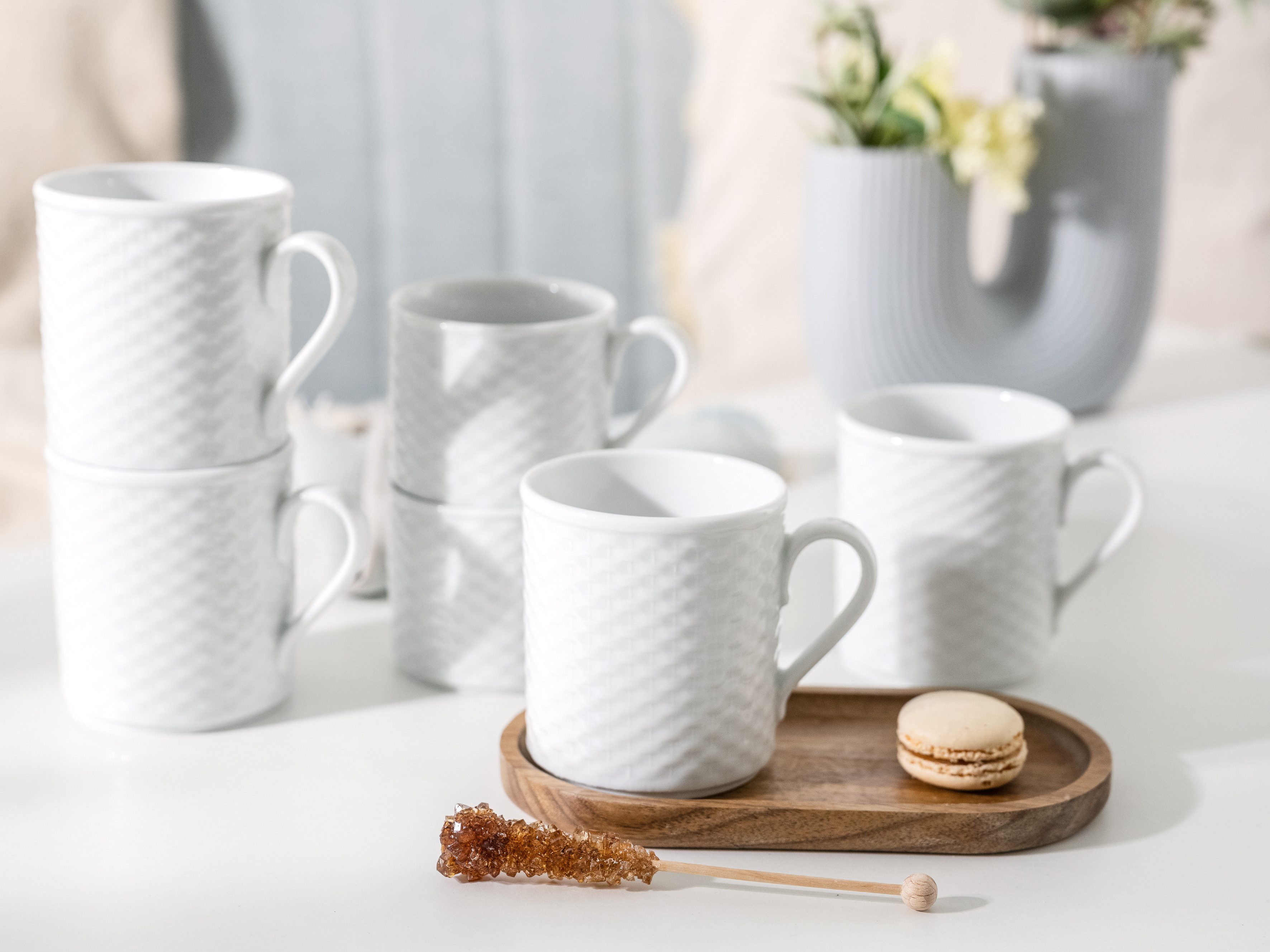 CreaTable Becher Polo Weiss, Kaffeebecher 6-tlg, 6-tlg., Porzellan, Strahlendes Weiß, Klassischer Manufakturstil, Ausdrucksstarkes Relief