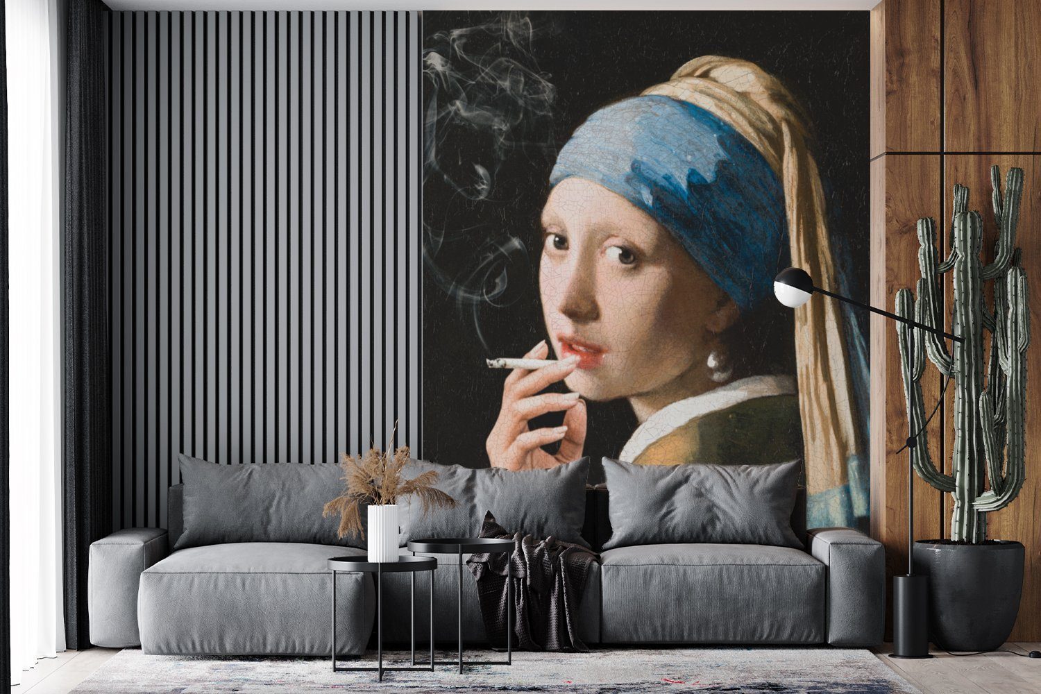 St), Matt, Rauchen, mit dem Vinyl Vermeer bedruckt, Wandtapete - Das (4 Fototapete Perlenohrring Montagefertig Wohnzimmer, für Tapete MuchoWow Mädchen -