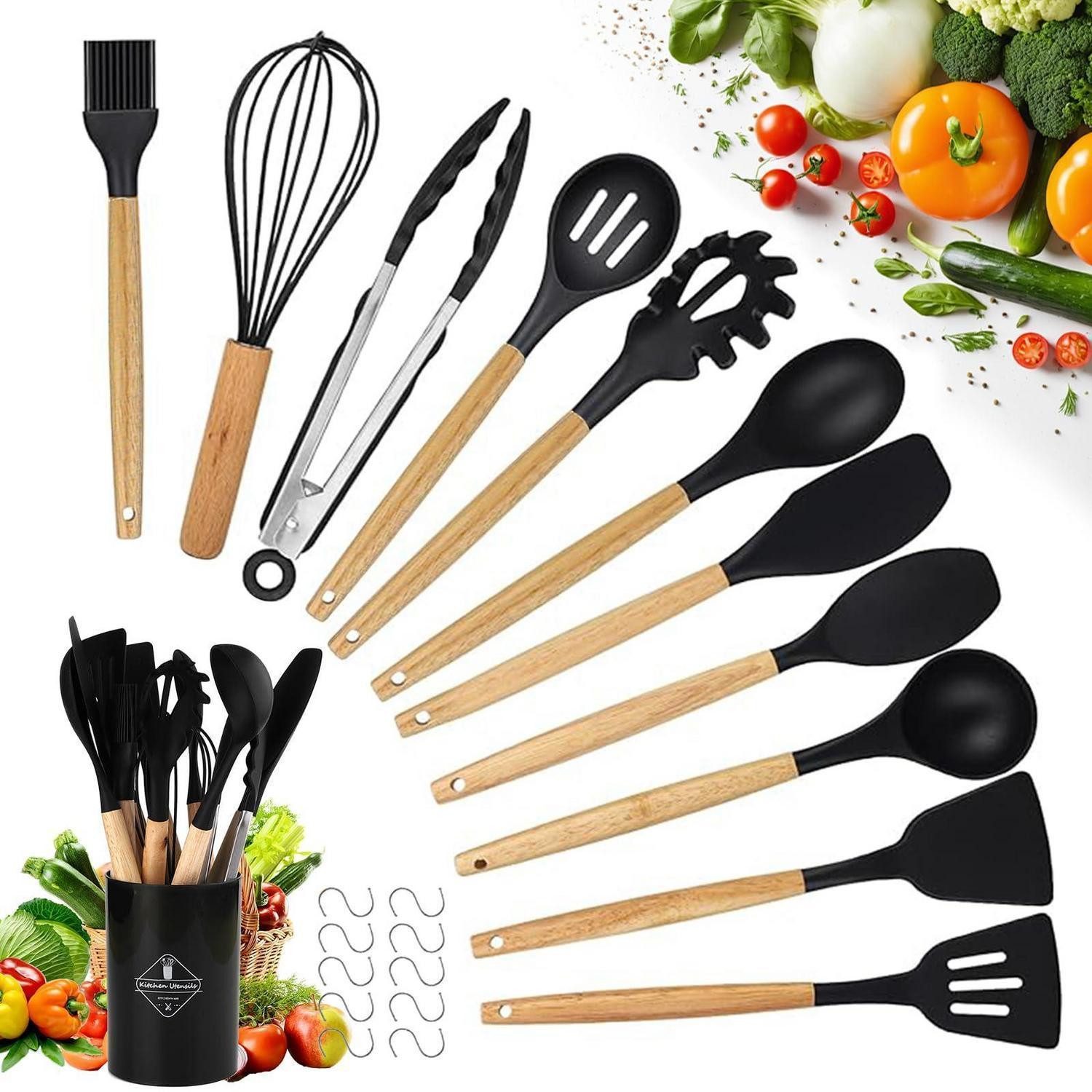 LuxusKollektion Kochbesteck-Set Küchenutensilien Set 22-teilig Silikon Holzgriff Schwarz