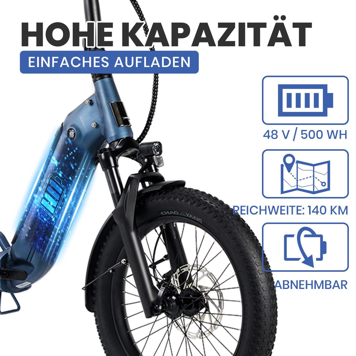 DERUIZ E-Bike Klapprad 20 x 3,0 Zoll Peridot, 500 Wh, bis 140 km, 55 Nm, faltbar, 8 Gang SHIMANO SHIMANO ALTUS 11-32T Schaltwerk, Kettenschaltung, Heckmotor, 500 Wh, (mit Akku-Ladegerät, mit Werkzeug), SHIMANO Altus 8-Gang, Hydraulikbremsen, Bluetooth, 5 Stufen