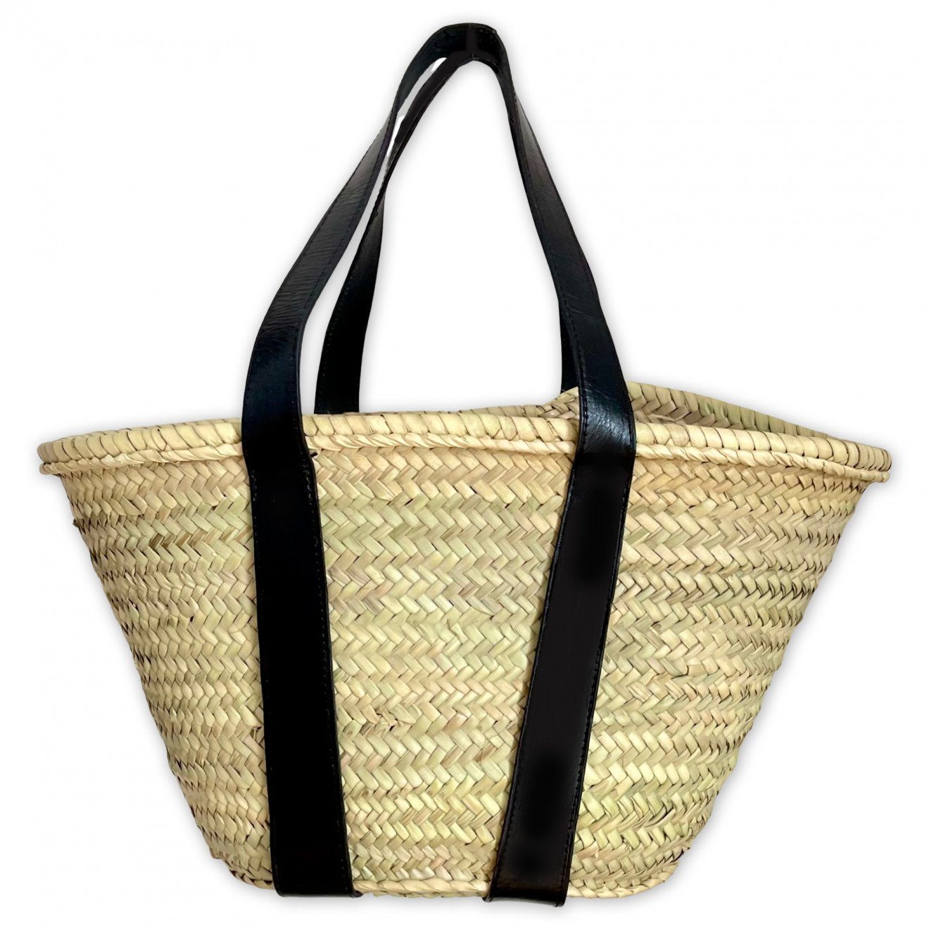 l-artisan Korbtasche Marokkanische Tragetasche, Einkaufstasche, Strandtasche, Handgefertigt PALMBLATT-TASCHE mit Schwarze Ledergriffen IBIZA-2S