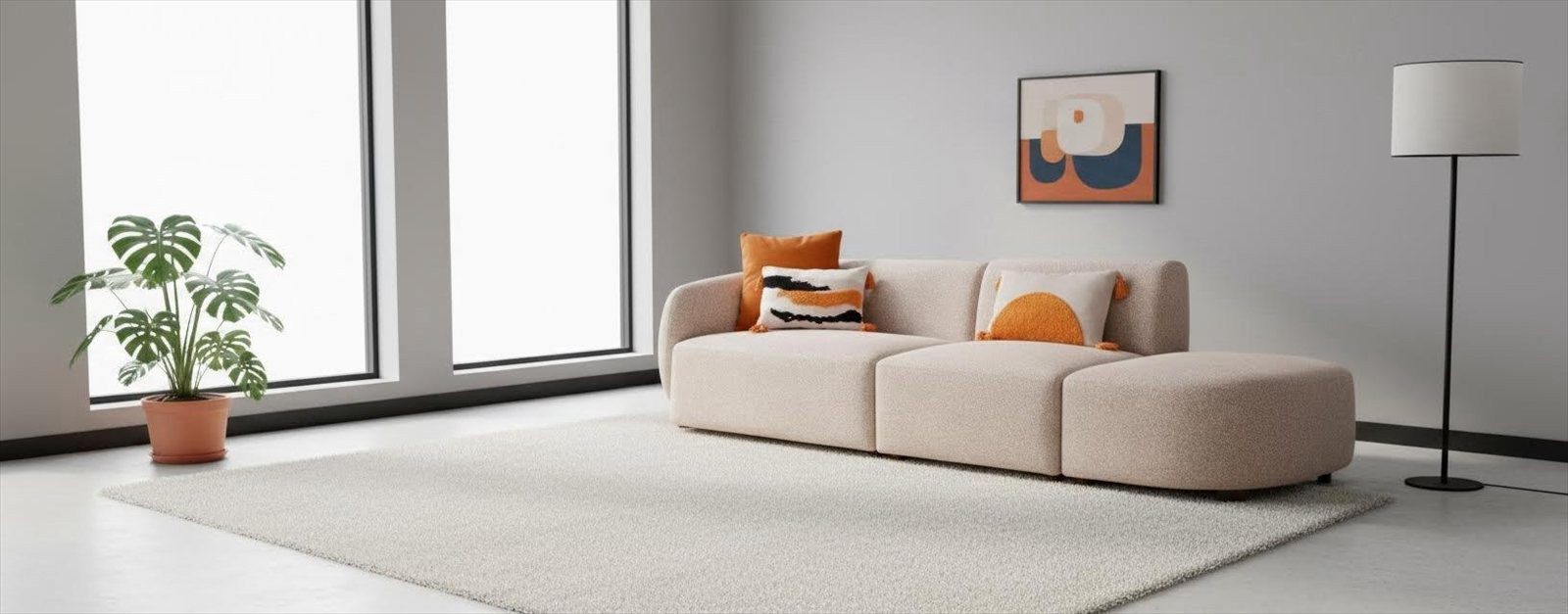 Xlmoebel Wohnlandschaft Beige Modular-Sofa mit Ottomane im modernen Boucle-Design, 1 Teile, Made in Europa