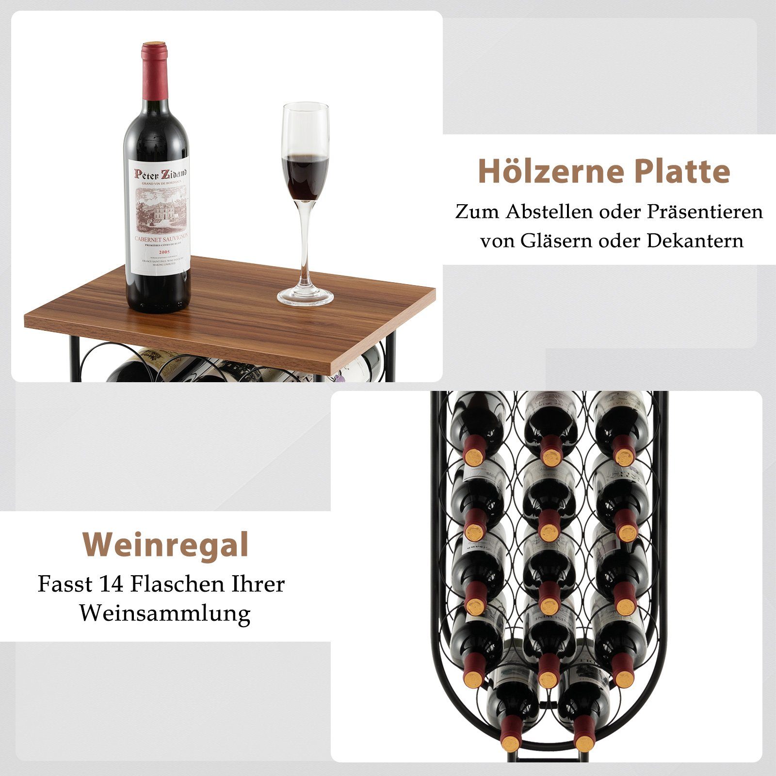 COSTWAY Weinregal, stehend, auf Rollen, für 14 Flaschen, Metall, Holz