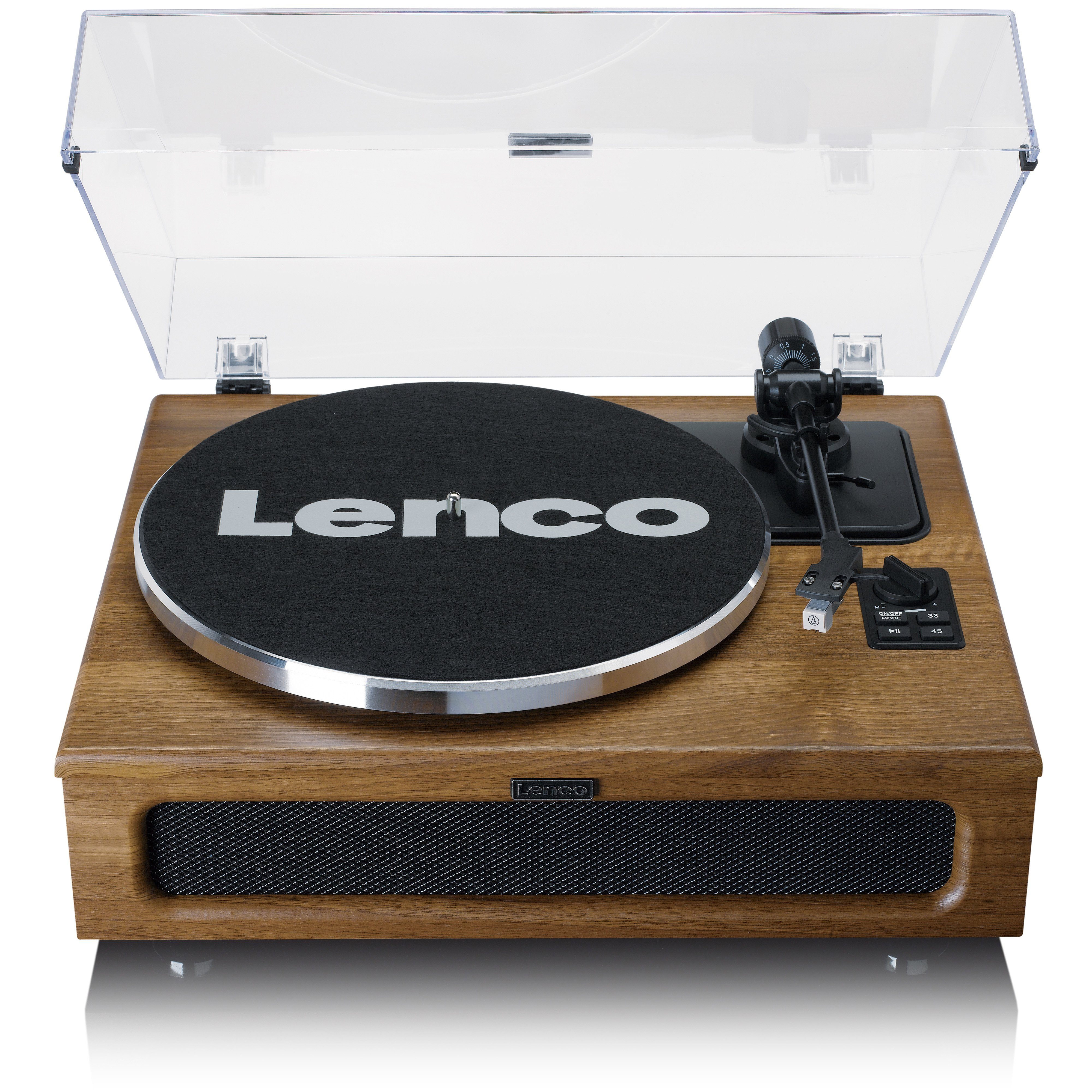 Lenco LS-410WA Plattenspieler (Riemenantrieb, Bluetooth, Bluetooth 5.0, integr. 40W-RMS-Lautsprecher & Audio-Technica, Walnuss)