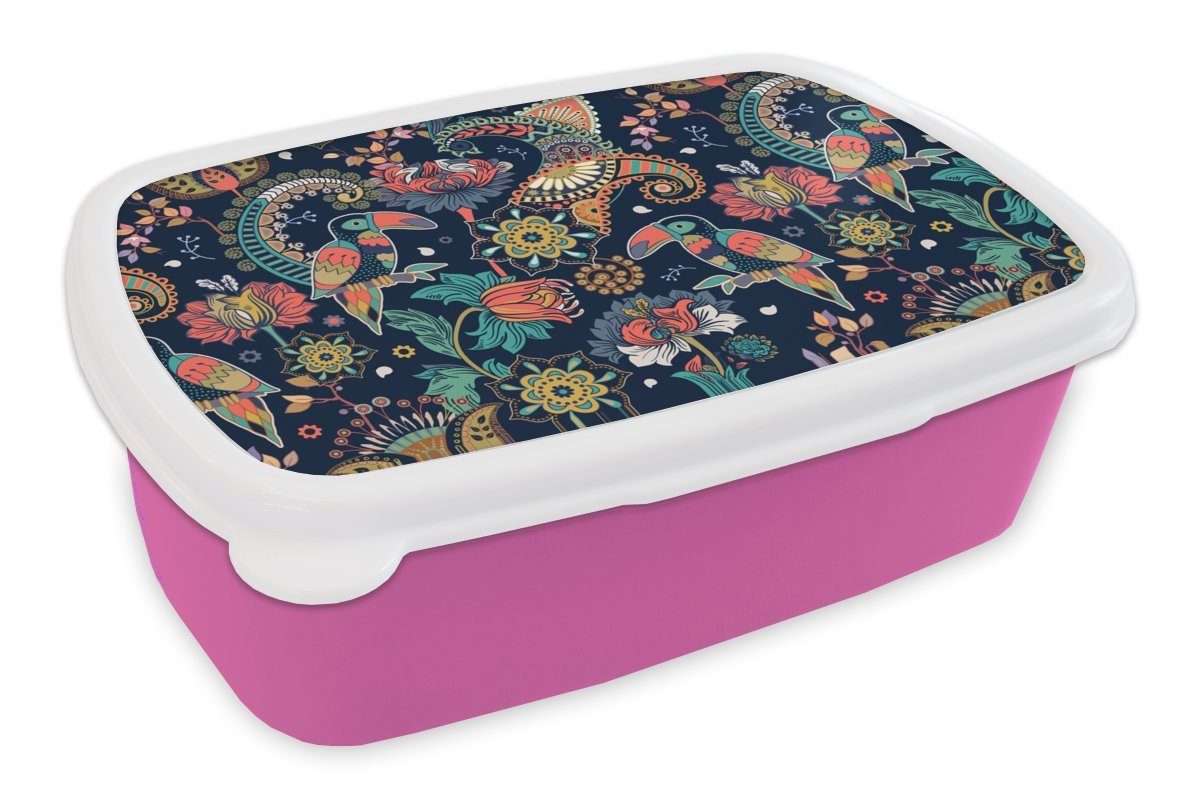 MuchoWow Lunchbox Tukan - Vogel - Regenbogen - Dschungel - Muster, Kunststoff, (2-tlg), Brotbox für Erwachsene, Brotdose Kinder, Snackbox, Mädchen, Kunststoff rosa