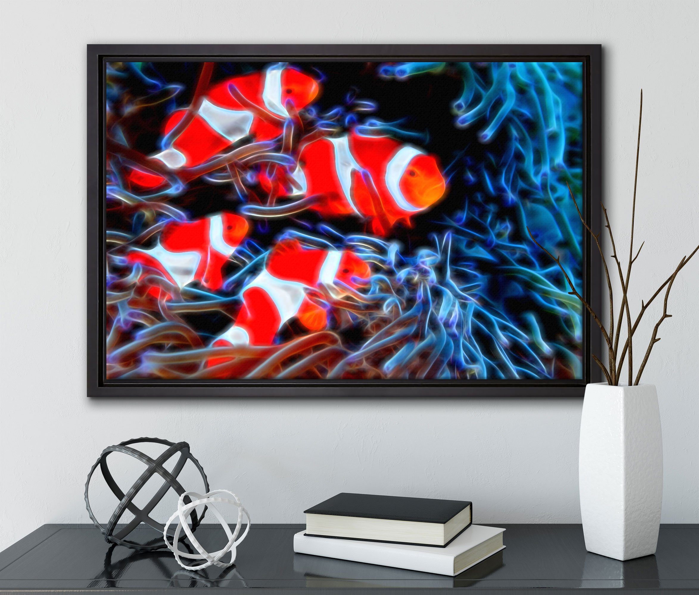 Pixxprint Leinwandbild Clown Fische in einem Leinwandbild gefasst, fertig inkl. bespannt, St), Zackenaufhänger (1 Wanddekoration in Schattenfugen-Bilderrahmen Anemone