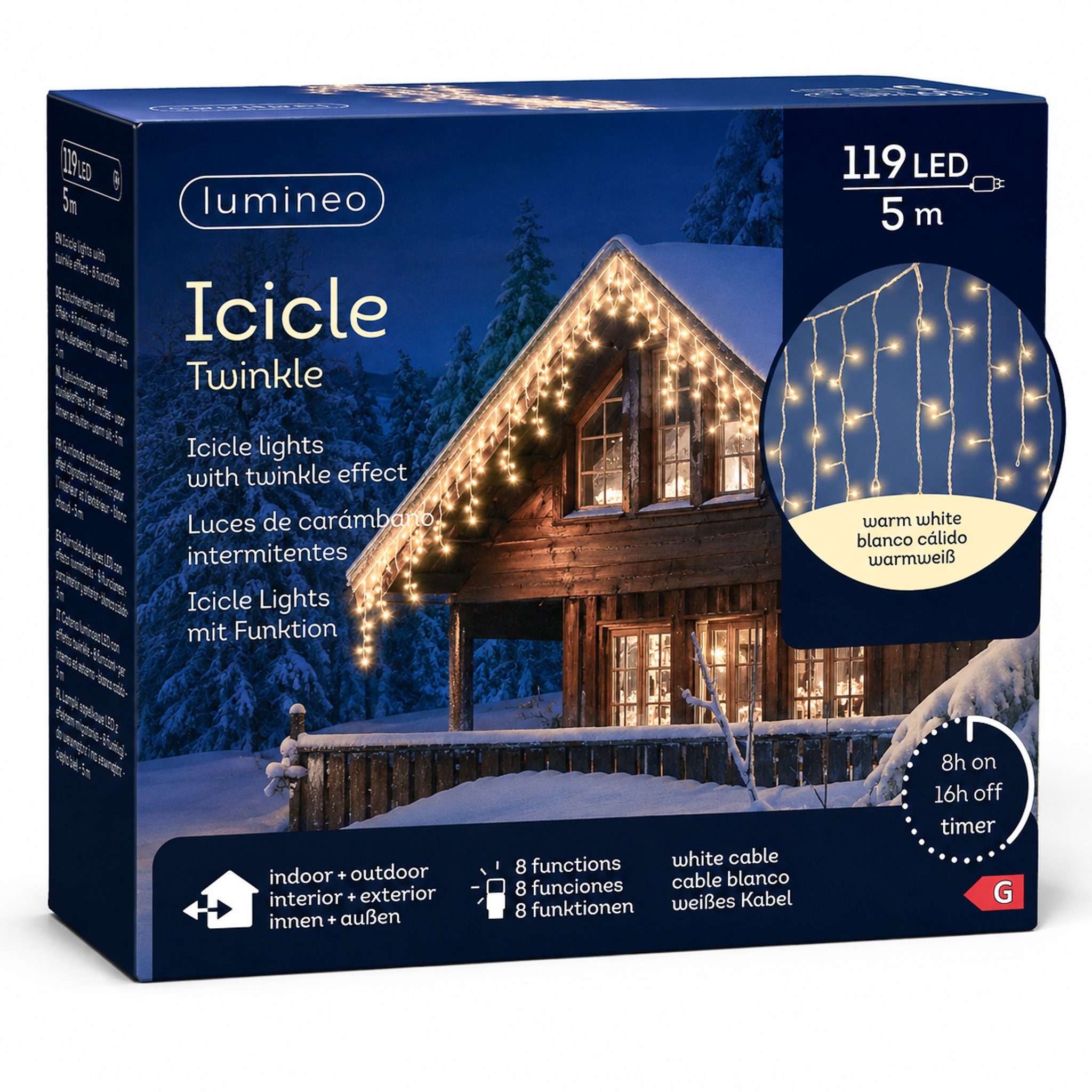 Lumineo LED-Lichterkette, LED Eiszapfen Lichterkette 5m - 34 Lichtstränge 119 LEDs Warmweiß Weiß