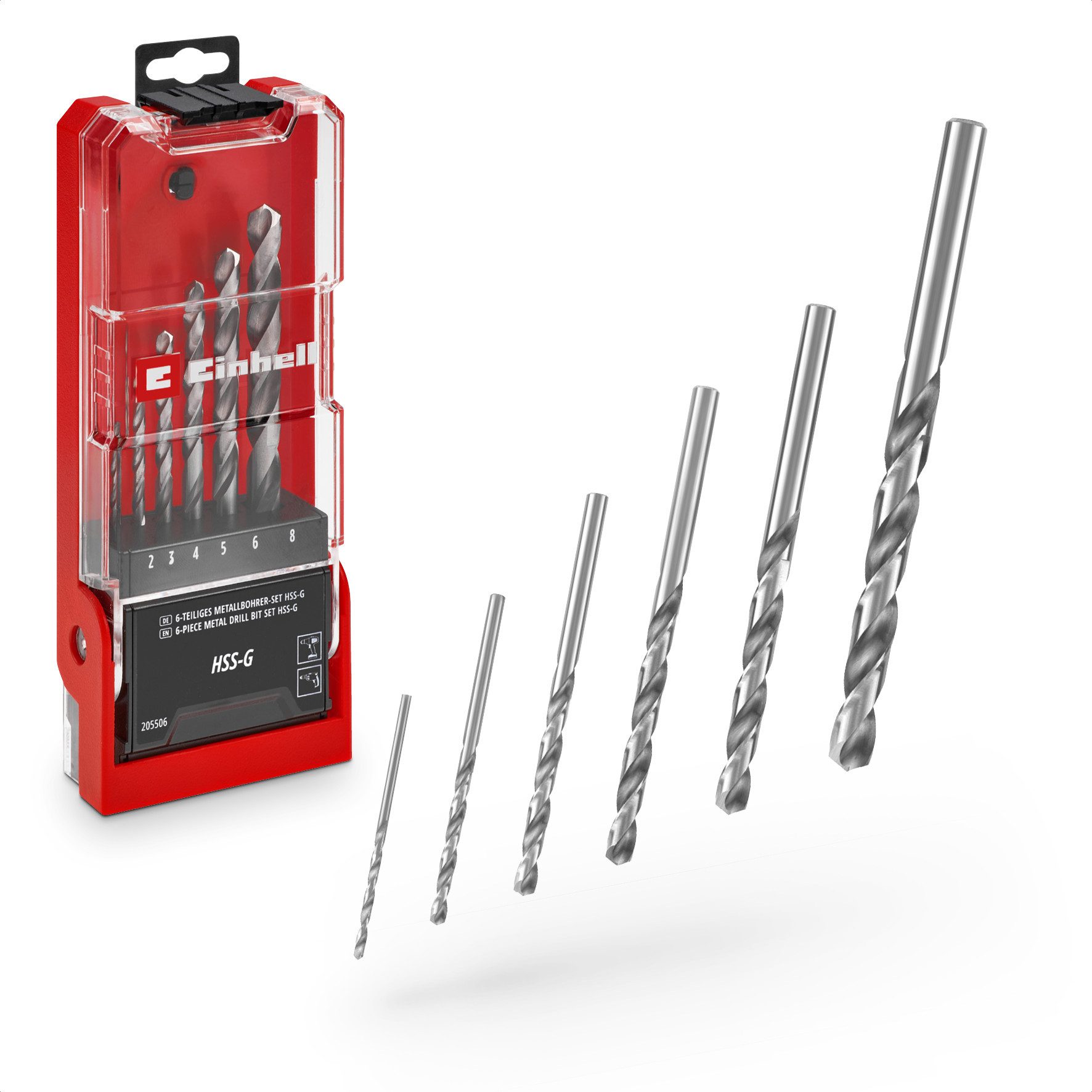 Einhell Bohrer- und Bit-Set Original Einhell 6-tlg. HSS-G Metallbohrer-Set (HSS 4241 Stahl, hochgl, (6x HSS-G Metallbohrer (2 / 3 / 4 / 5 / 6 / 8 mm), 1x Aufbewahrungskassette (15,0 x 6,2 x 2,6 cm), 6-tlg), Original Einhell 6-tlg. HSS-G Metallbohrer-Set (HSS 4241 Stahl, hochgl