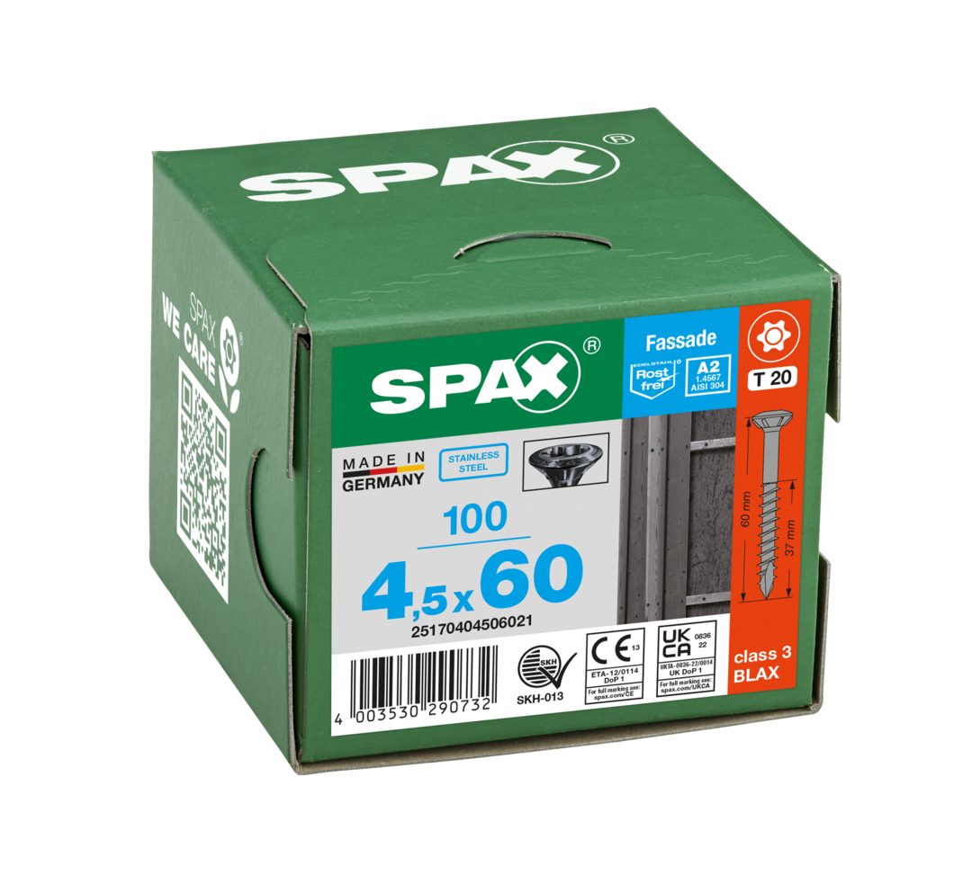 SPAX Fassadenschraube Fassadenschraube, Linsenkopf, Edelstahl A2, T-STAR plus TX 20, TG, (100 St)
