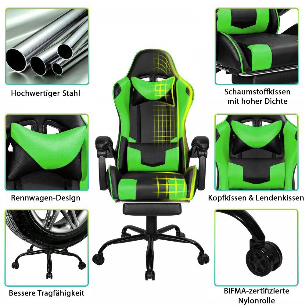 Mucola Gaming Chair Gamingstuhl Massage Bürostuhl Schreibtischstuhl Racing Schalensitz (Stück, 1 St), Fußstütze, Massagekissen, Nackenkissen, Lendenkissen, Massagefunktion
