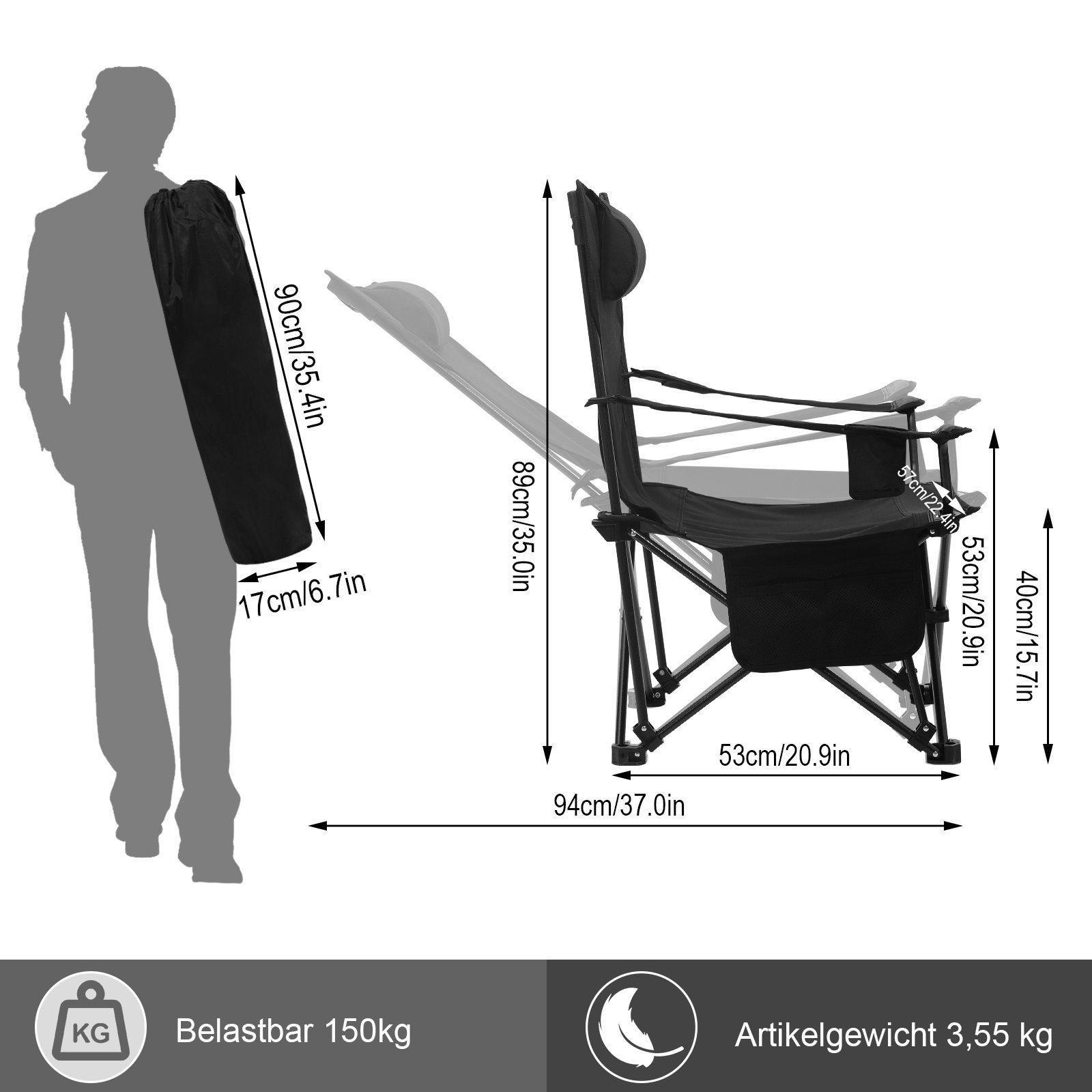 Campingstuhl leicht, Getränkehalter mit Schwarz (2 Lehne St), Klappbarer, Woltu