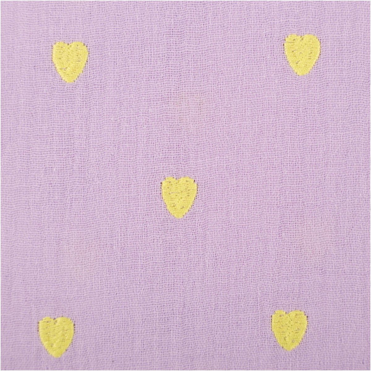 SCHÖNER LEBEN. Stoff Musselin Stoff Herzchen Meterware violett gelb 1,35 m, allergikergeeignet