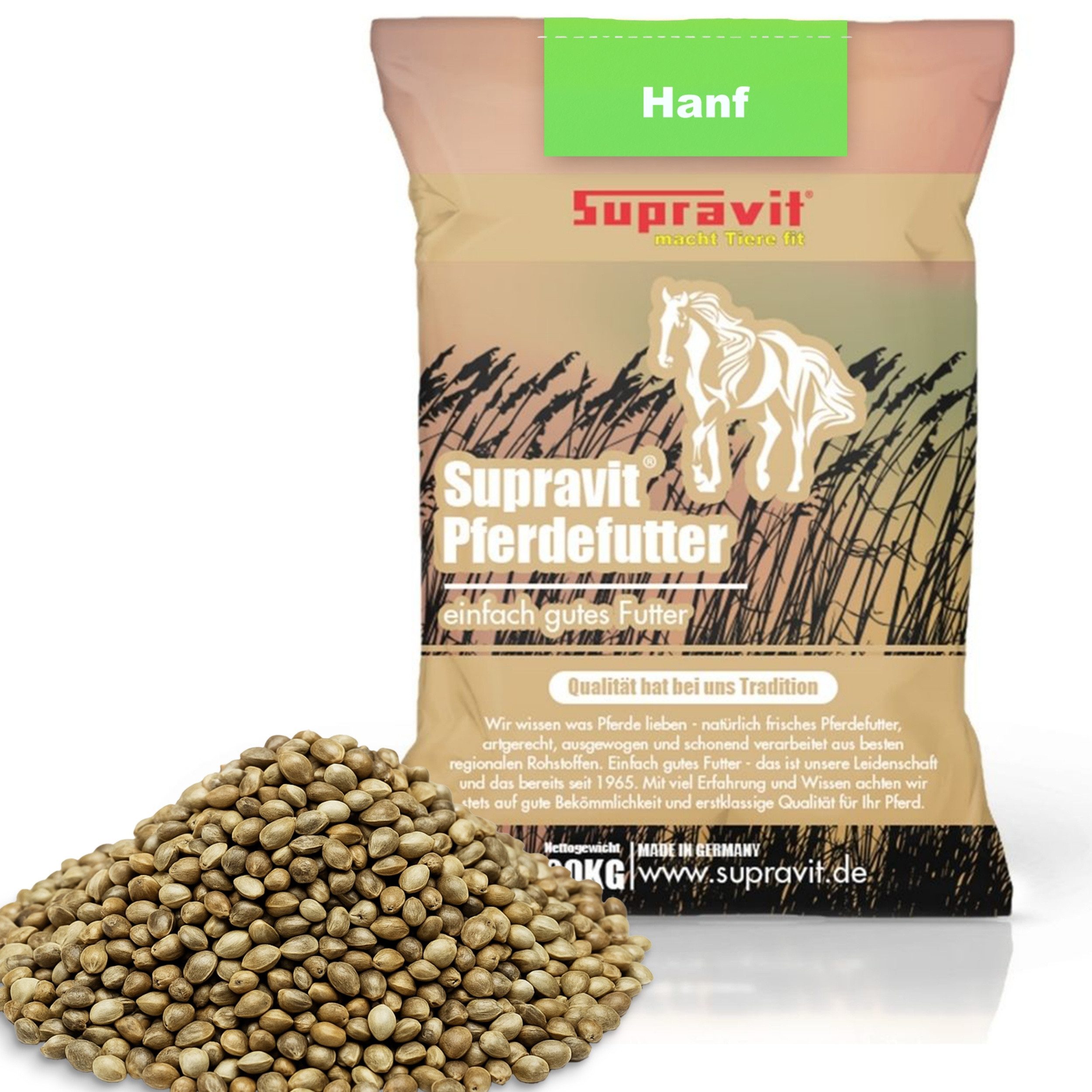Supravit Hanfsamen 20kg - Zusatzfutter für Pferde aus deutscher Landwirtschaft, Ergänzungsfutter für: Pferd