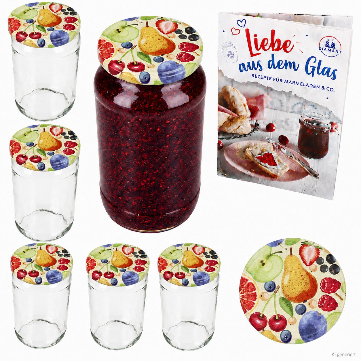 MamboCat Einmachglas Sturzglas Comic-Obst 6er Set mit Deckel und Rezeptheft, Glas