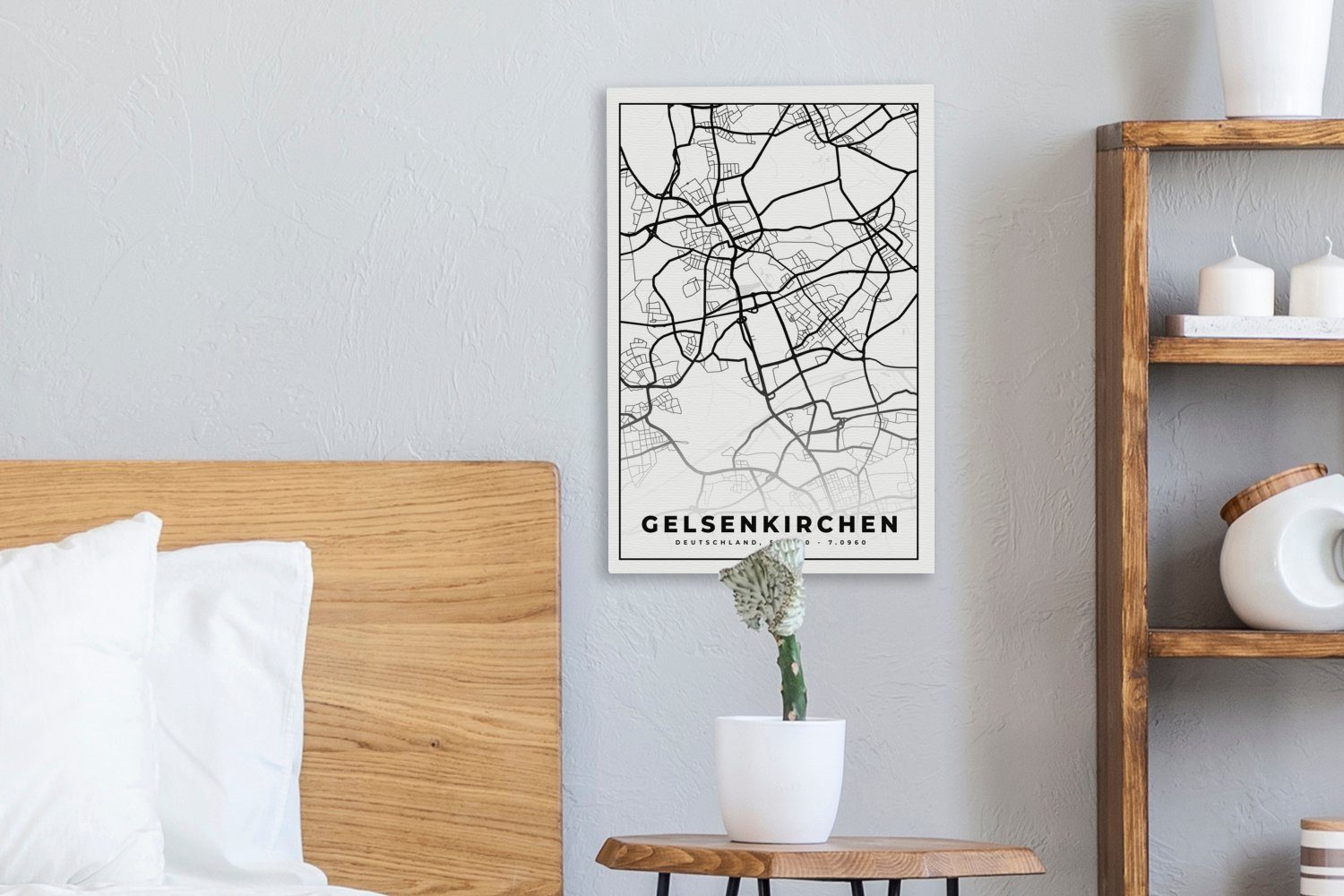 Gemälde, Gelsenkirchen Stadtplan fertig 20x30 Zackenaufhänger, (1 Karte cm - - Leinwandbild Stadtplan, von OneMillionCanvasses® inkl. Leinwandbild St), bespannt