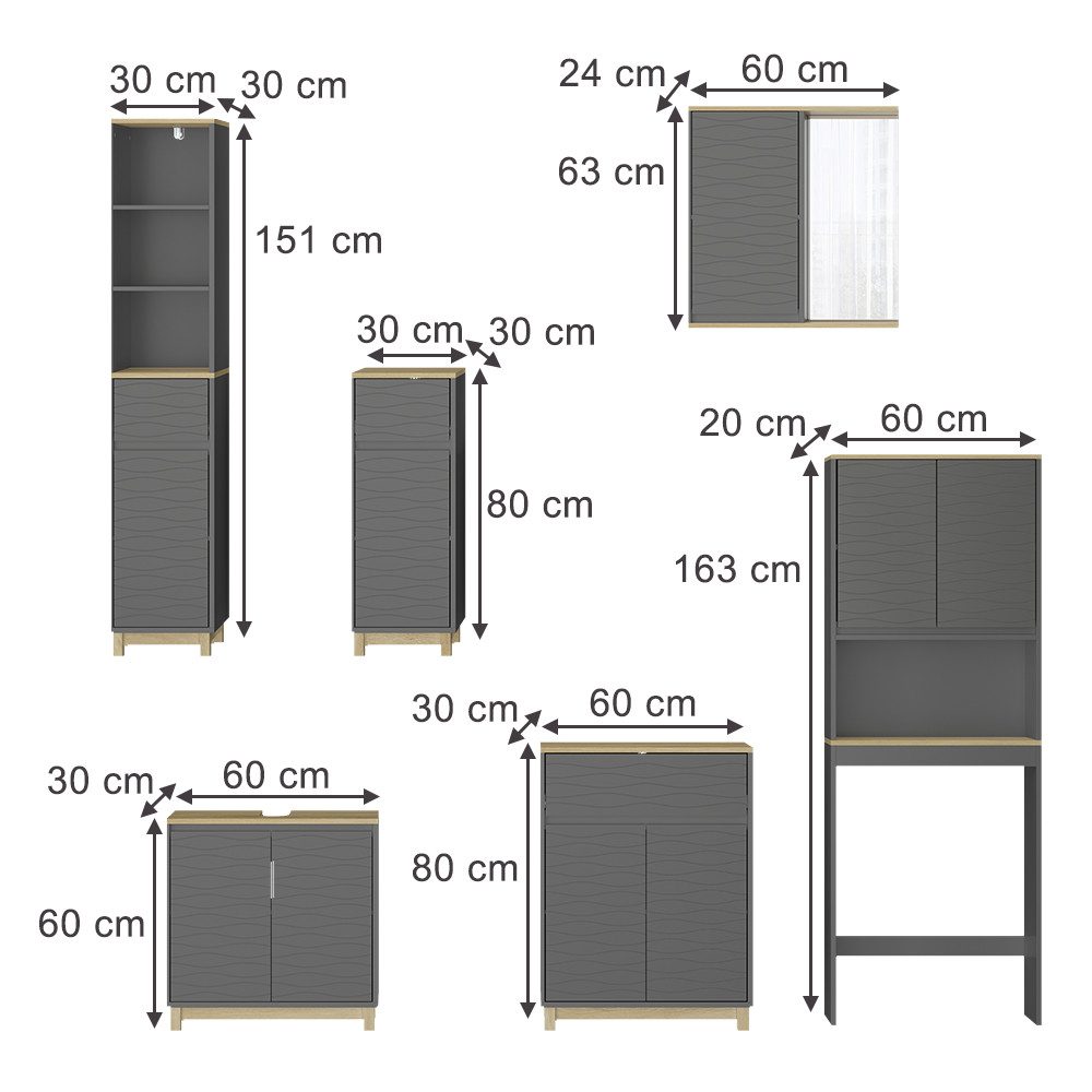 Vicco Badmöbel-Set Livia, Anthrazit/Eiche, 6 Teile, (6-St., 6-er Set) günstig online kaufen