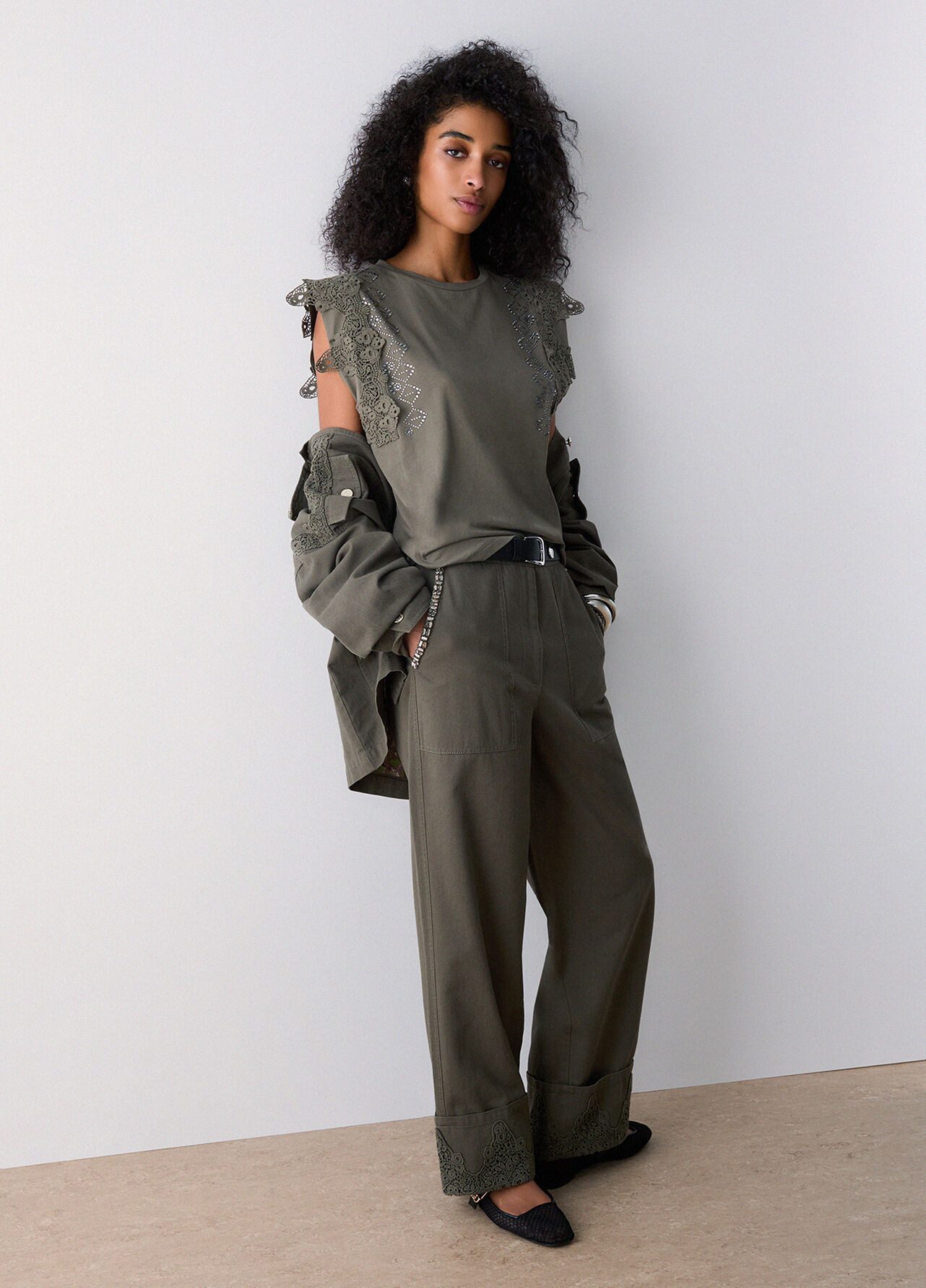 Liu Jo Spitzentop - Top Damen - elegantes Top - Spitze - Ärmellos - Strass - Olivgrün