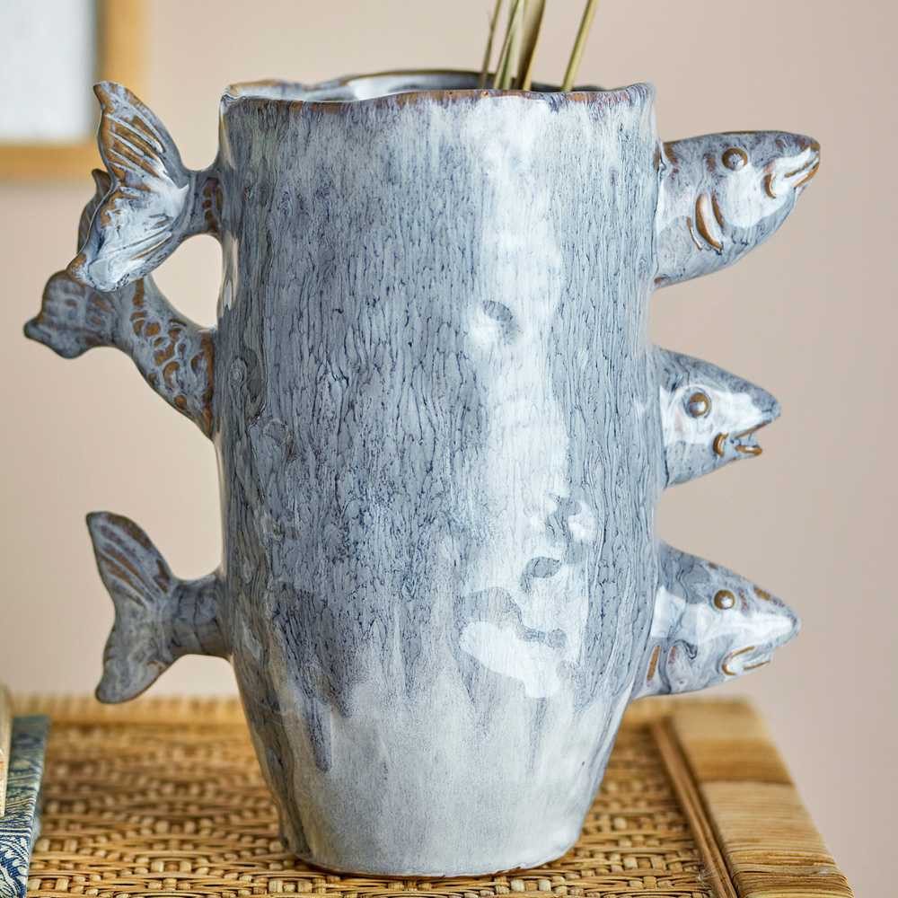 Bloomingville Dekovase Bloomingville Vase TACE Blau Keramik FISCHE 23 cm