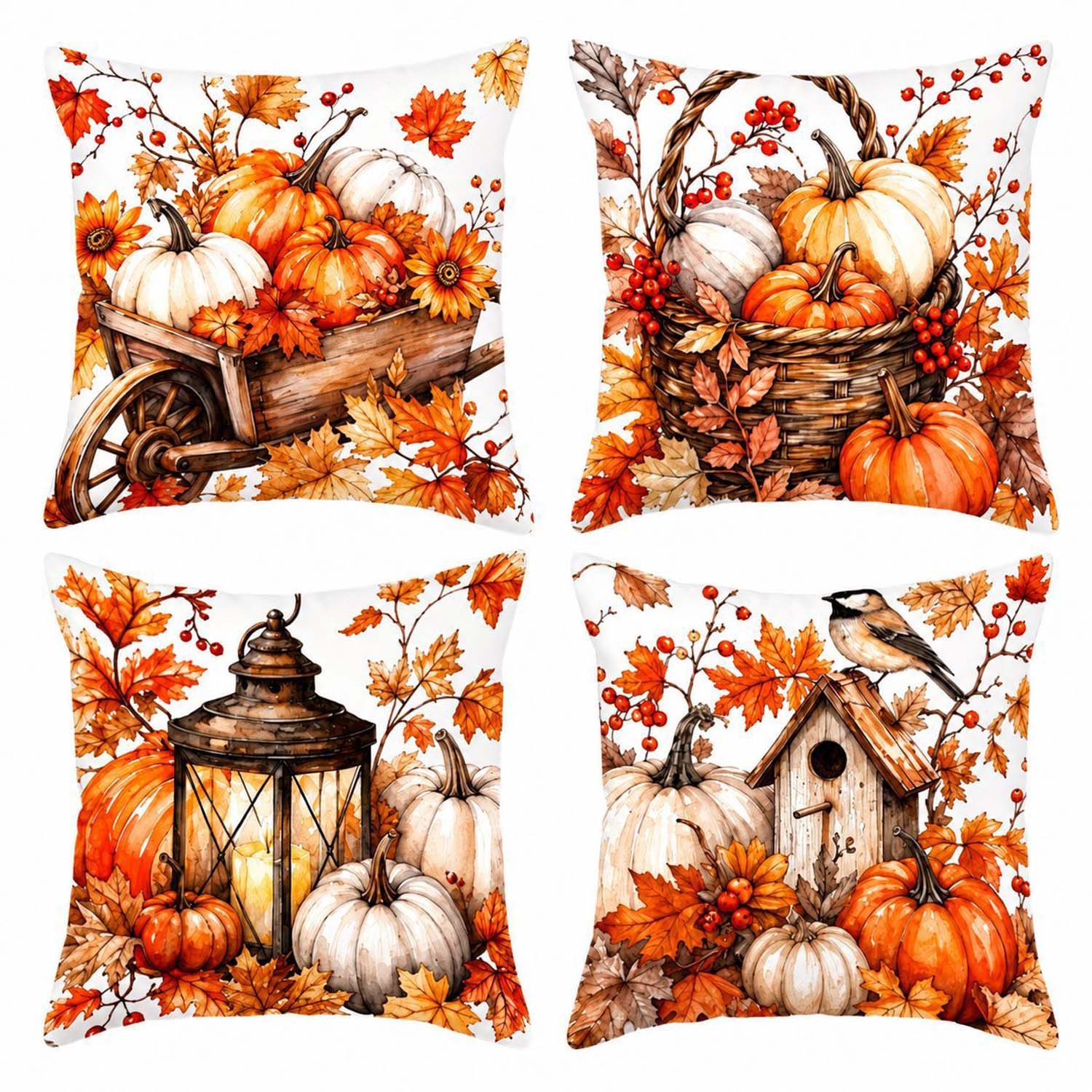 Sorvyzxn Kissenbezug 4er Set Kissenbezug Herbst 45x45 Kissenhülle Kürbis Deko
