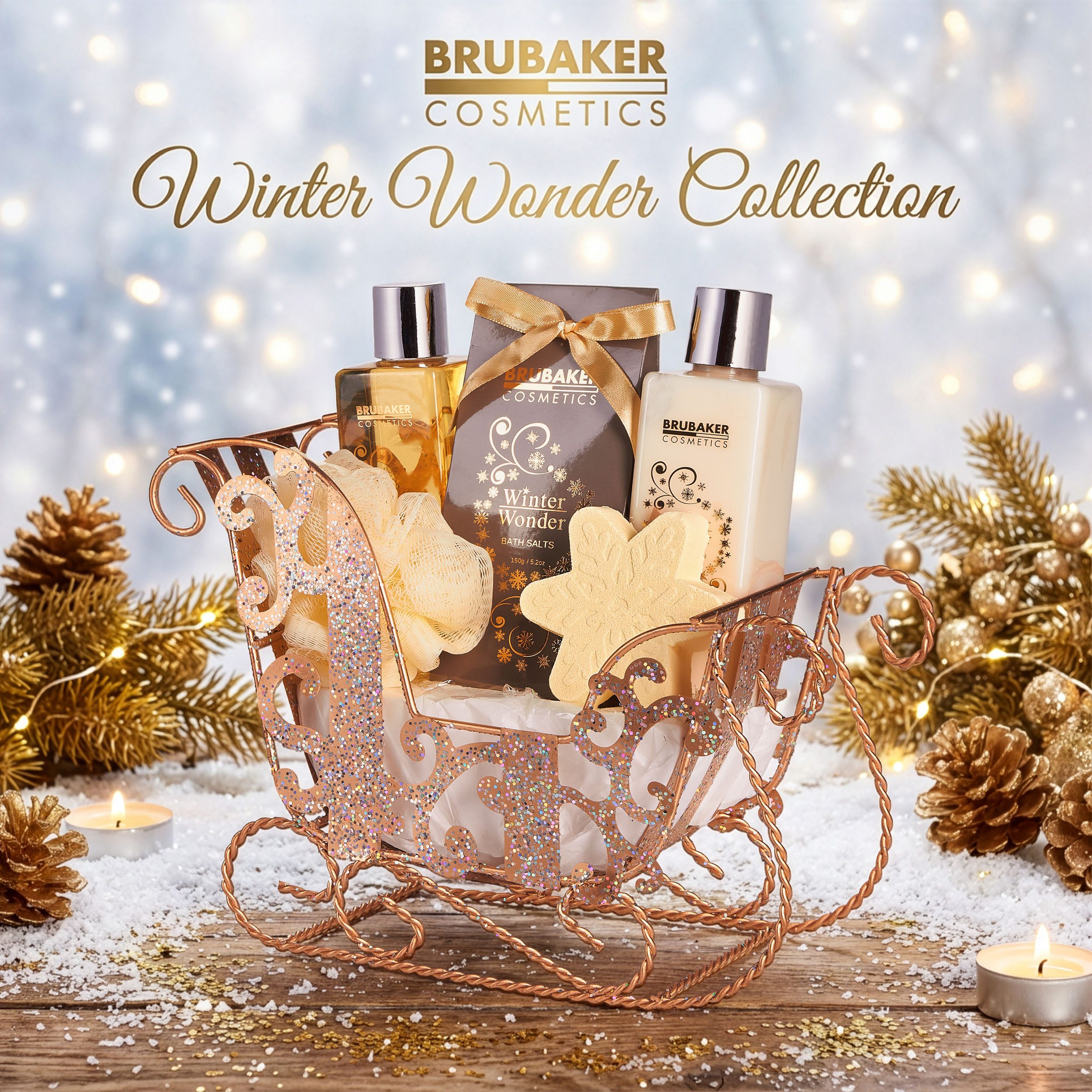 BRUBAKER Wellness-Pflegeset Dusch- und Badeset mit Vanille Duft, Weihnachtsset Gold, 6-tlg., Set, Geschenkset Weihnachten in Glitzer Schlitten, Pflegeset für Frauen