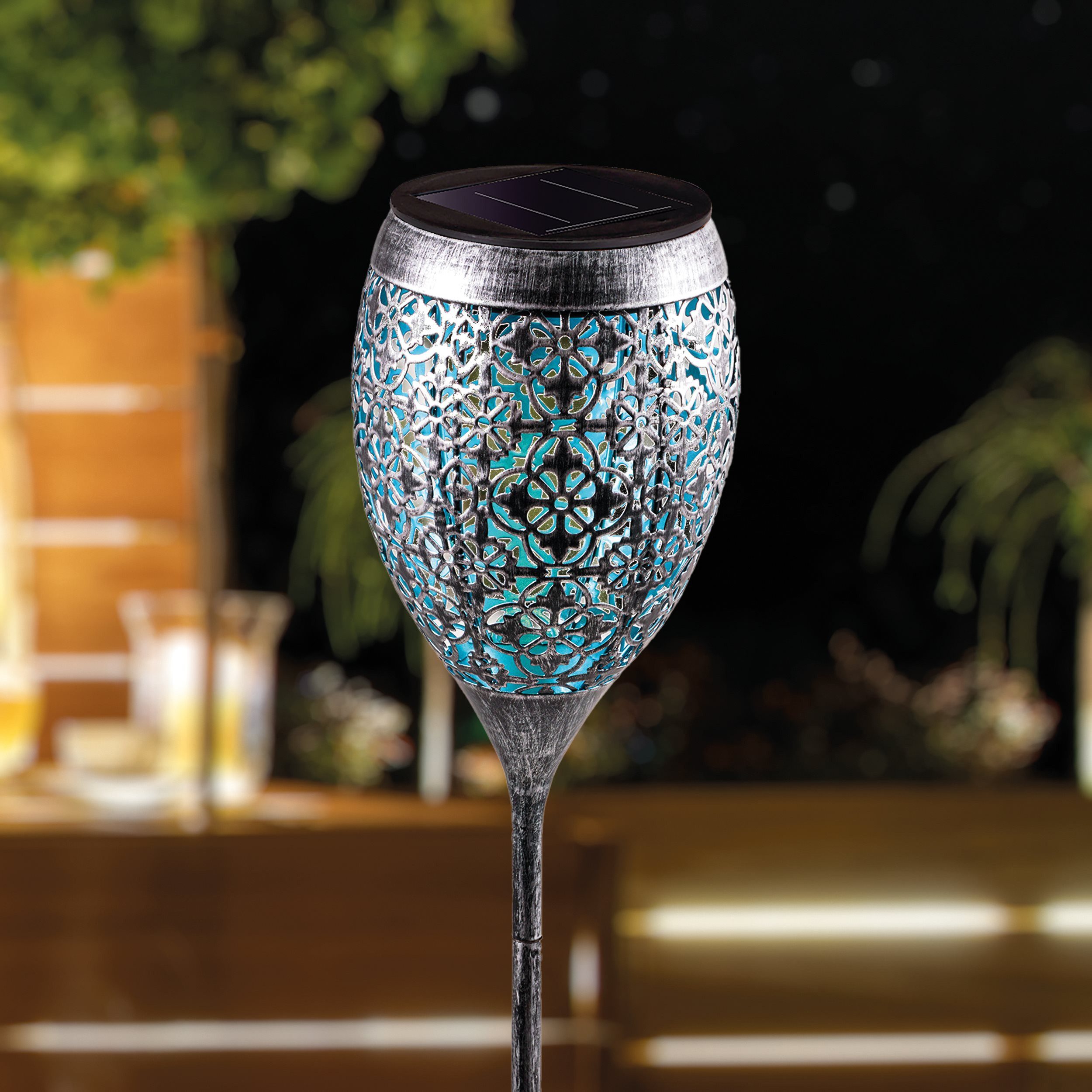 esotec LED Gartenleuchte Solar Dekoleuchte Sindy H=75cm silber/türkis 4000K Gartendeko 102881, automatisches Einschalten bei Dämmerung, LED fest integriert, tageslichtweiß