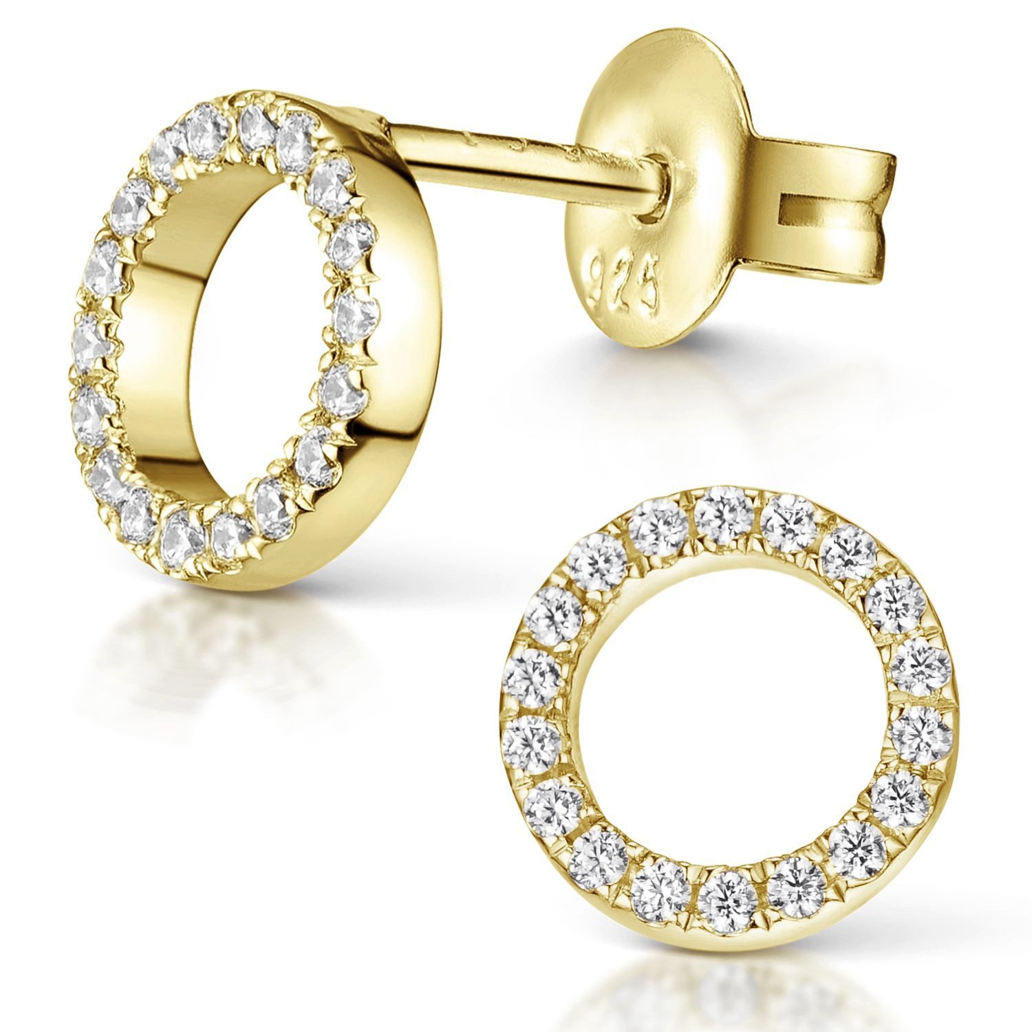 Materia Paar Ohrstecker Kreis Gold mit Zirkonia 8mm SO-439, aus 925 Sterling Silber, vergoldet