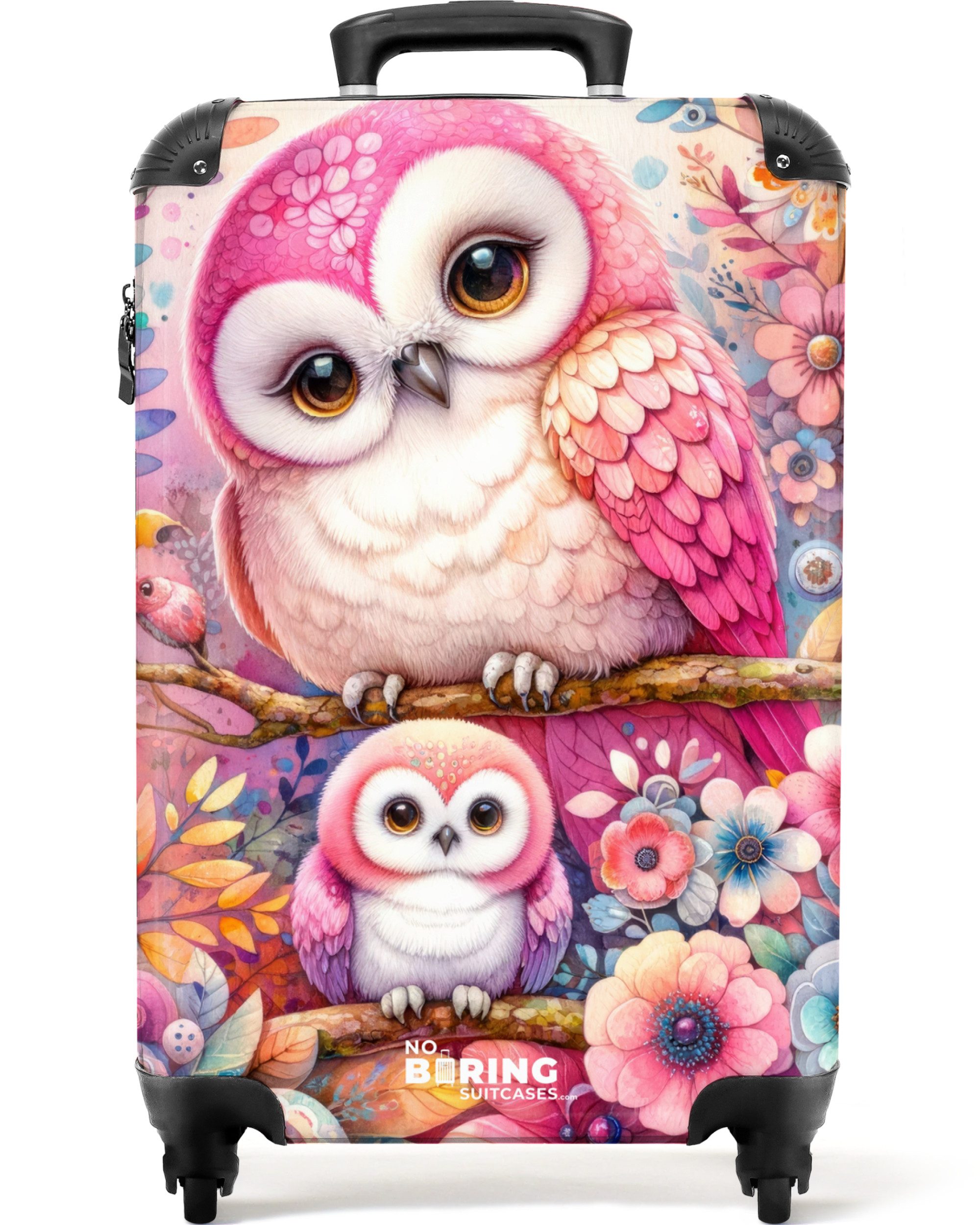 NoBoringSuitcases.com© Kinderkoffer Mutter Eule mit Küken zwischen bunten Blumen 55x35x20cm, Handgepäck-Koffer, Kinderkoffer, Reisekoffer Mädchen