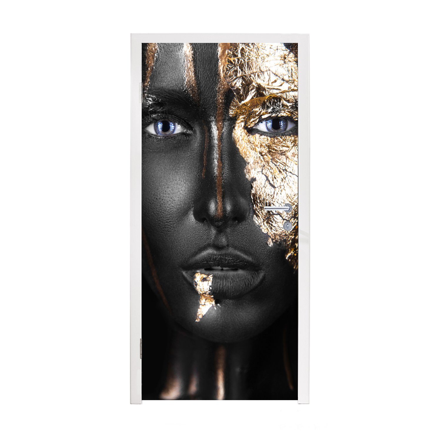 MuchoWow Luxus, Türaufkleber, 75x205 - Frau für St), bedruckt, cm Fototapete Blattgold (1 - Matt, Türtapete Tür, - - Schwarz Gold