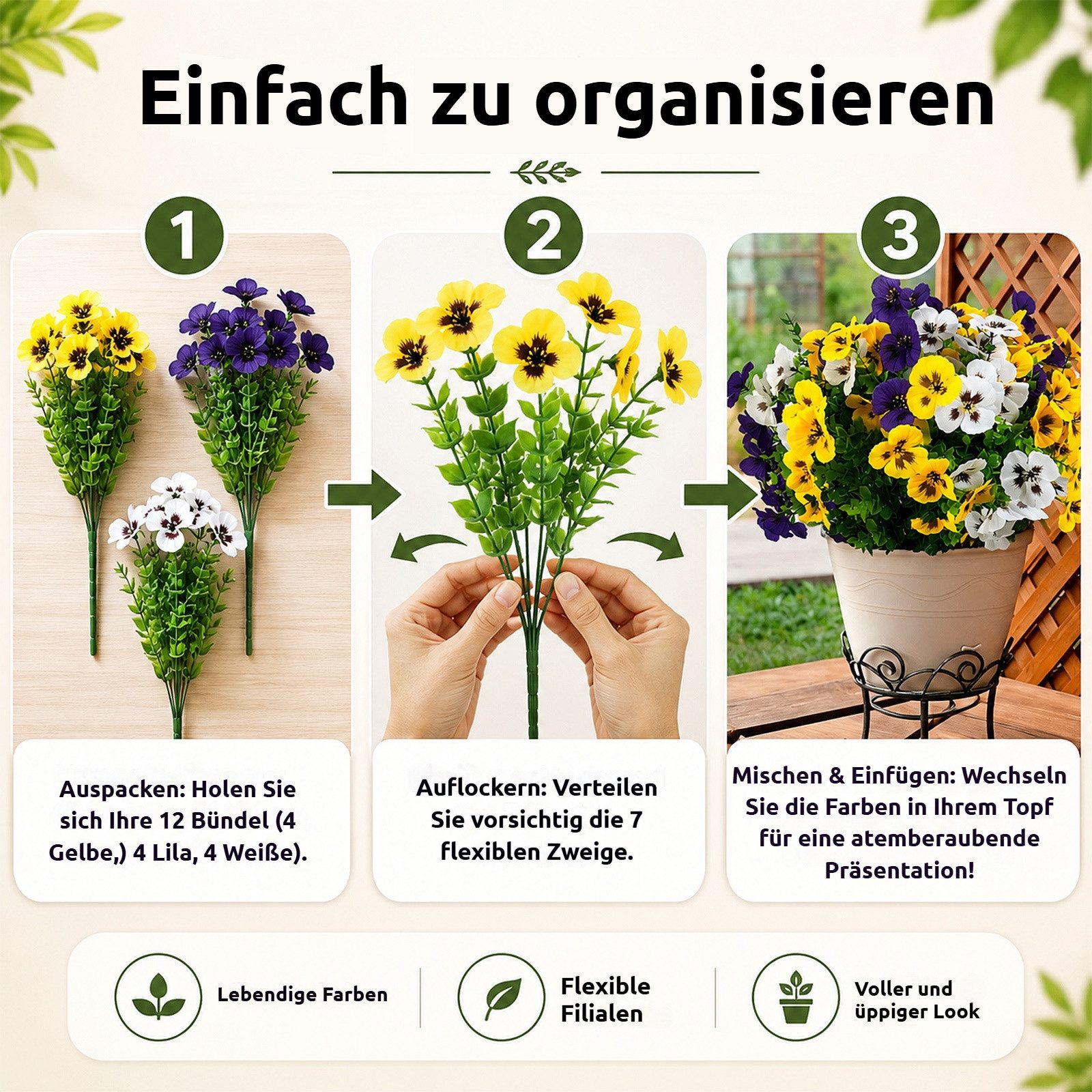 Kunstblumenstrauß 12 Bündel künstliche Blumen wie echt, UV‑beständig, pflegeleicht Prunkwinde / Stiefmütterchen, BlingBin, Höhe 35 cm, Kunstpflanzen für Außenbe – Bild 5 von 5