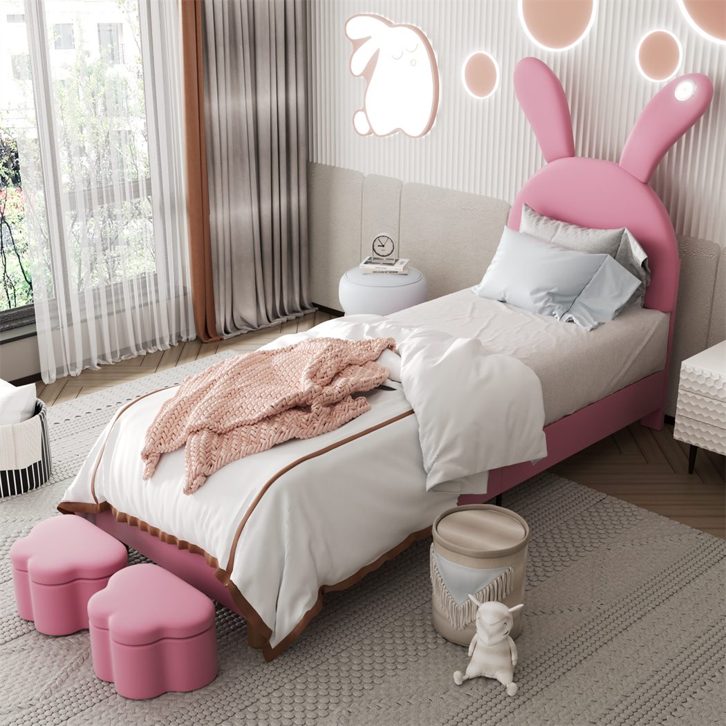 XDOVET Polsterbett 90x200, LED-Nachttischbeleuchtung, ausklappbare Hasenohren, Jugendbett, Lattenrost, höhenverstellbares Kopfteil, Samt